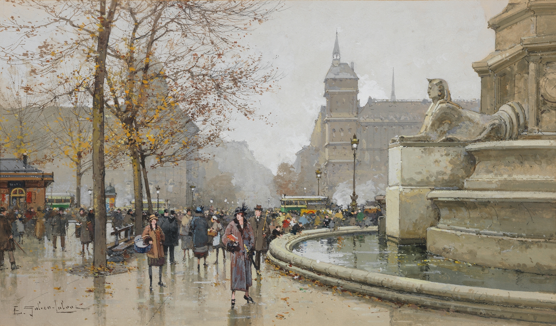 La fontaine du Palmier, place du Châtelet, by Eugène Galien-Laloue, public domain