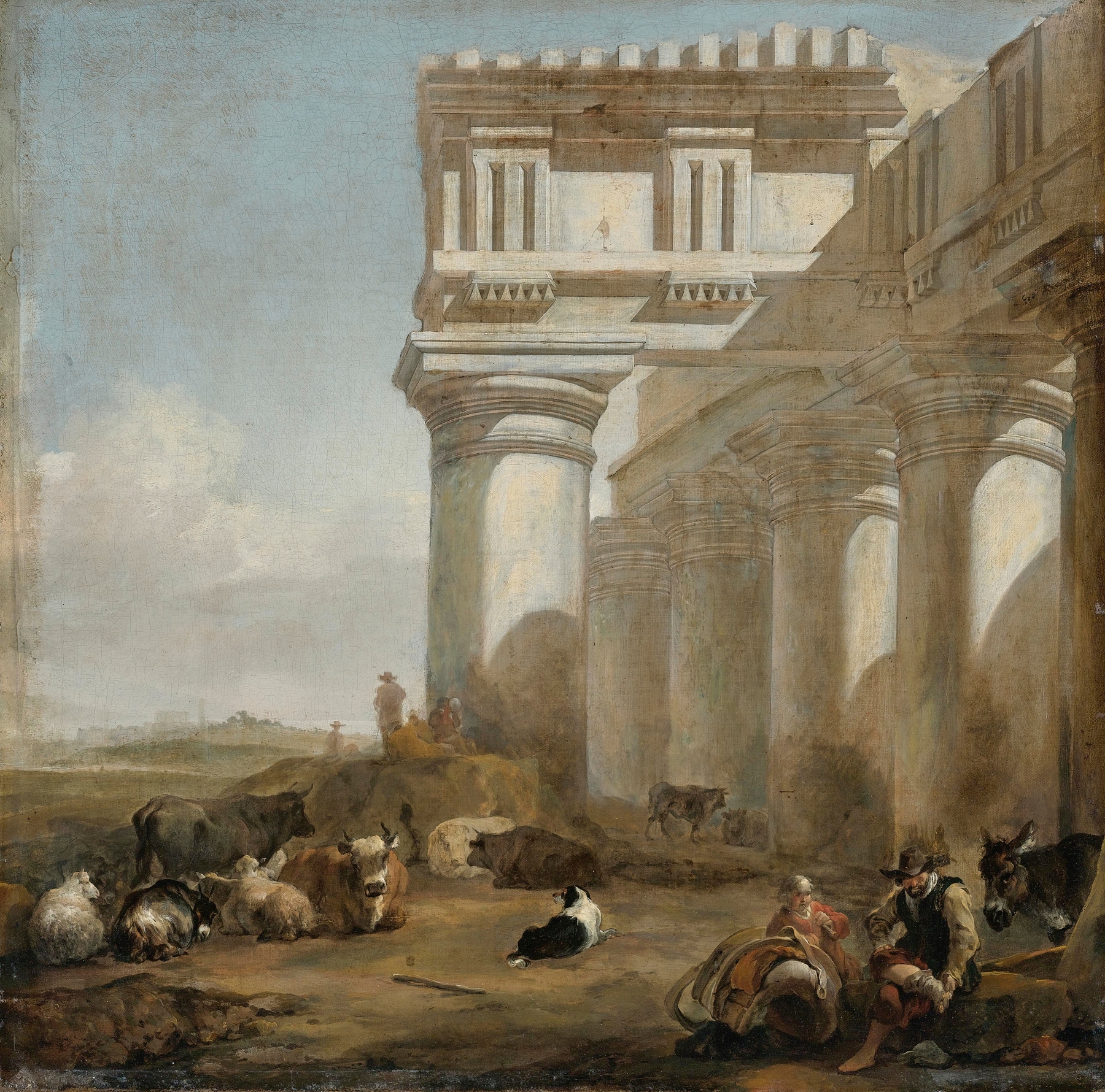A Roman temple with cattle herders, oil painting by Jan Baptist Weenix