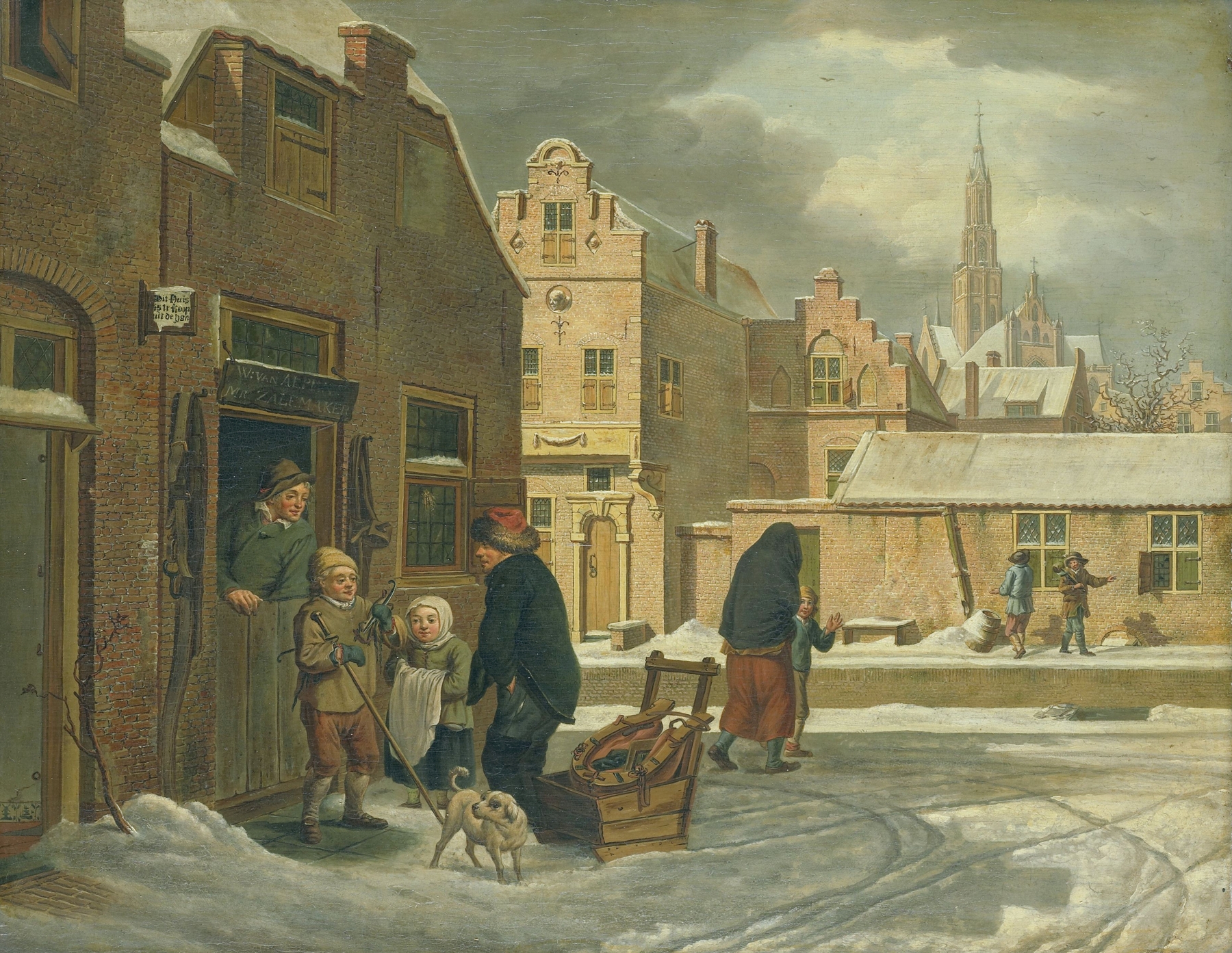 Winter landscape with mist and city skyline by Dirk Jan van der Laan, oil on canvas