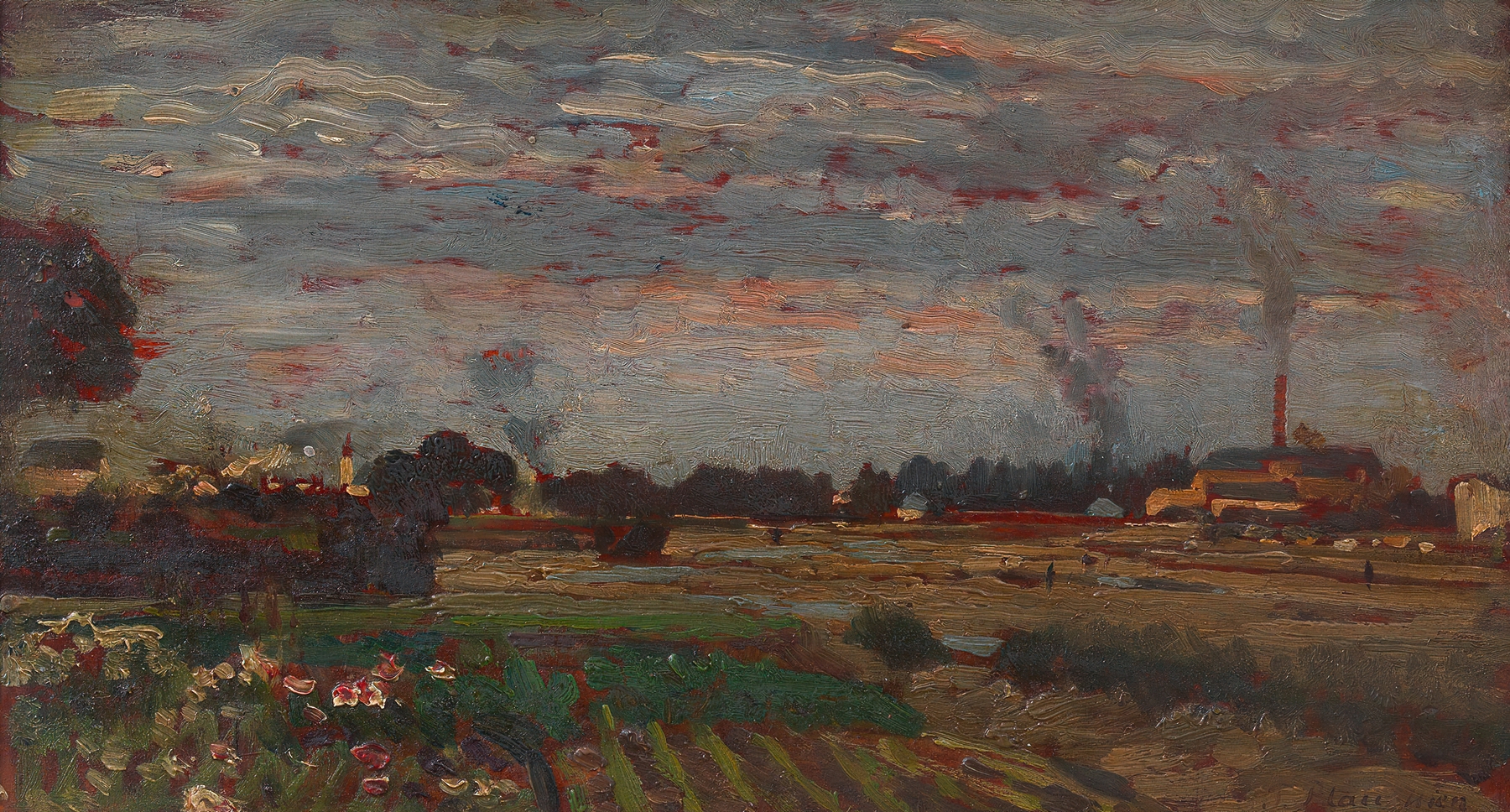 Landscape with green fields and distant horizon, oil painting by Tina Blau