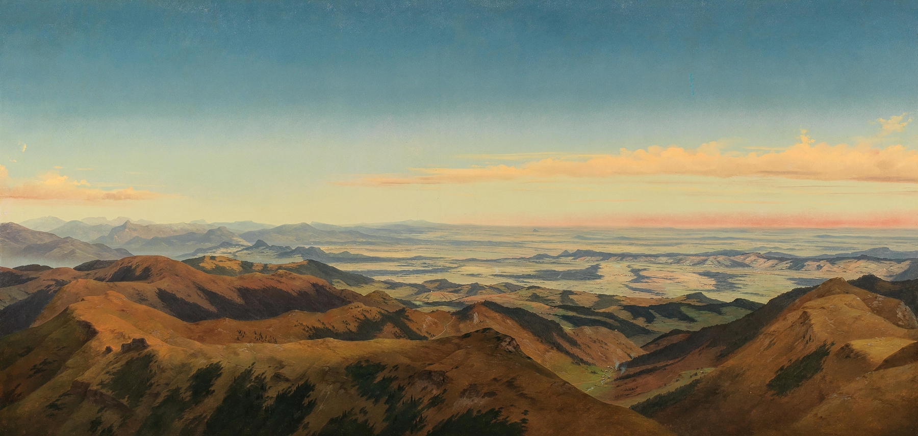 Oil painting by Markus Pernhart depicting mountains at dawn