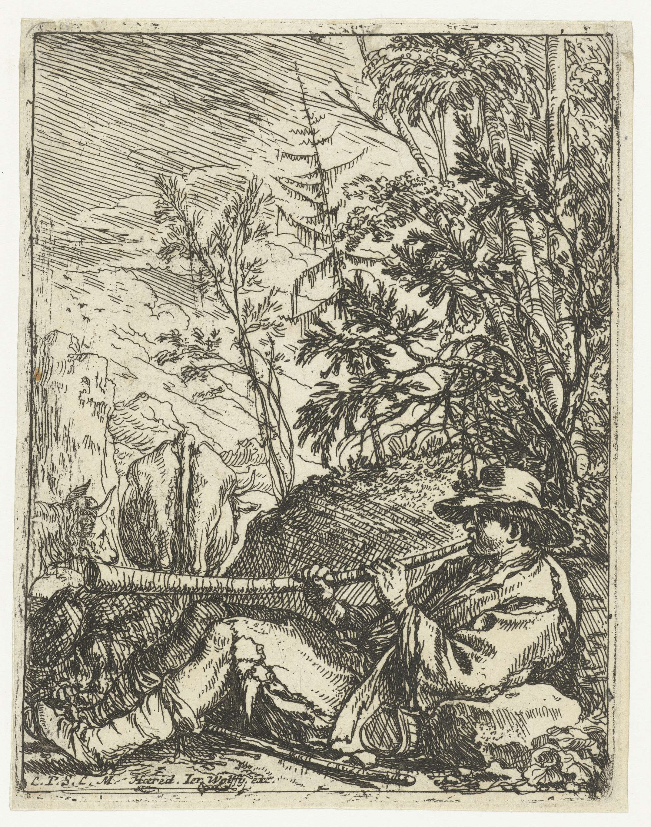 Etching by Jonas Umbach showing a shepherd playing a horn in a landscape.