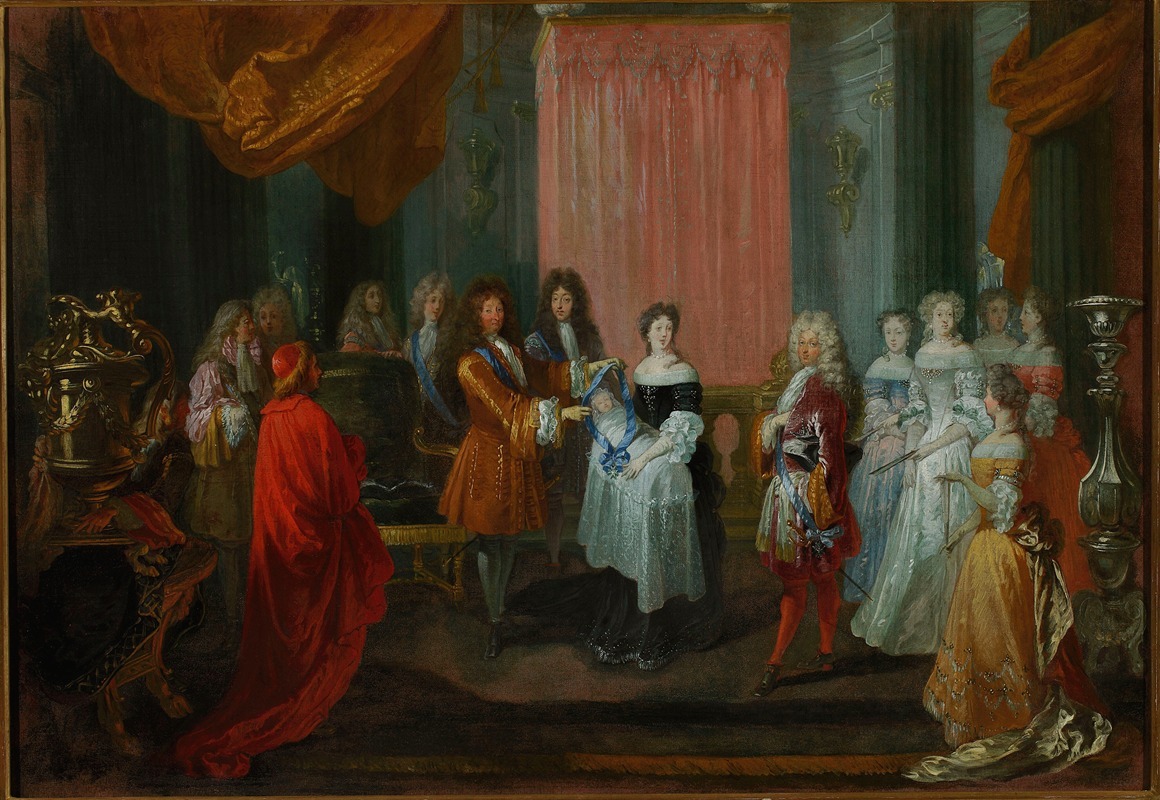 A historical painting depicting Louis XIV awarding the Cordon Bleu Order.
