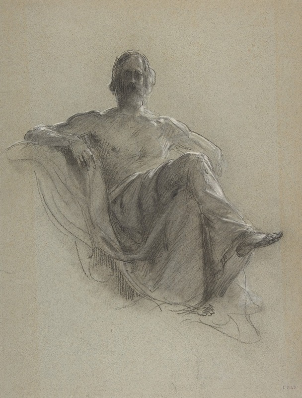 A seated bearded man, nude to the waist, depicted in a classical style.