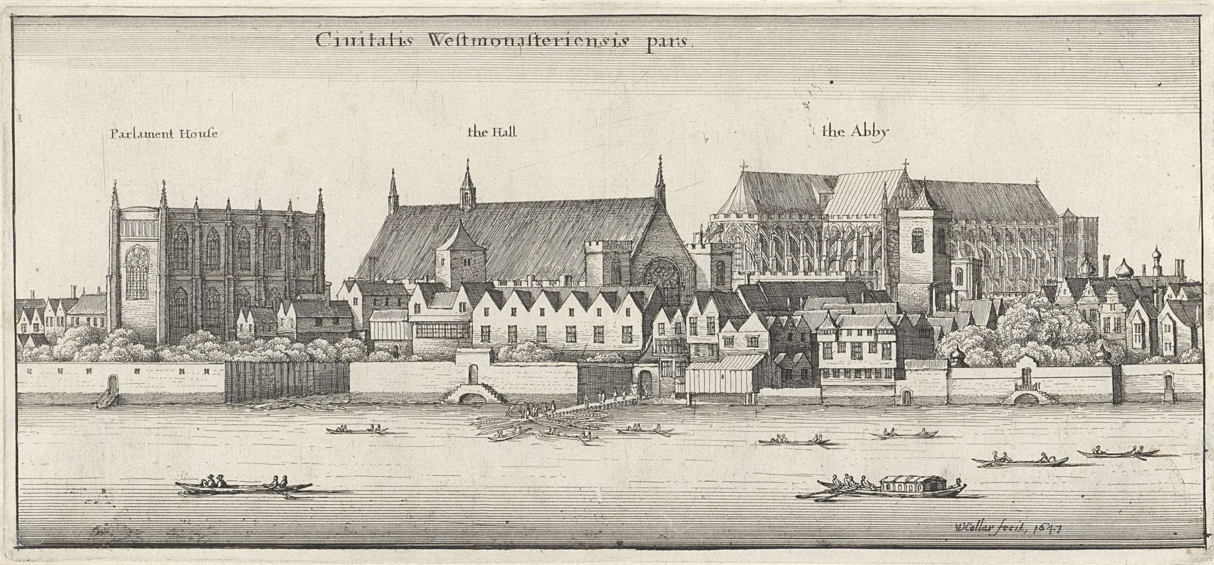 Etching by Wenceslaus Hollar depicting Westminster Hall and the Houses of Parliament
