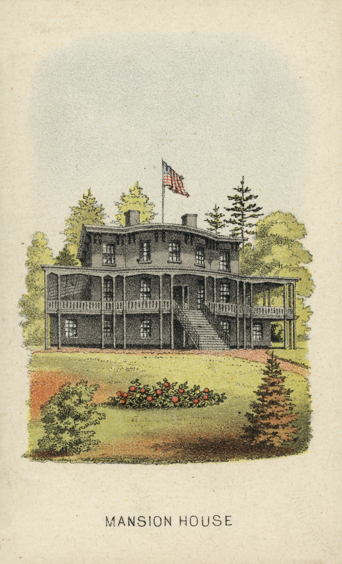 Mansion House by John C. Sinclair, oil on canvas depicting a grand mansion under a somber sky.
