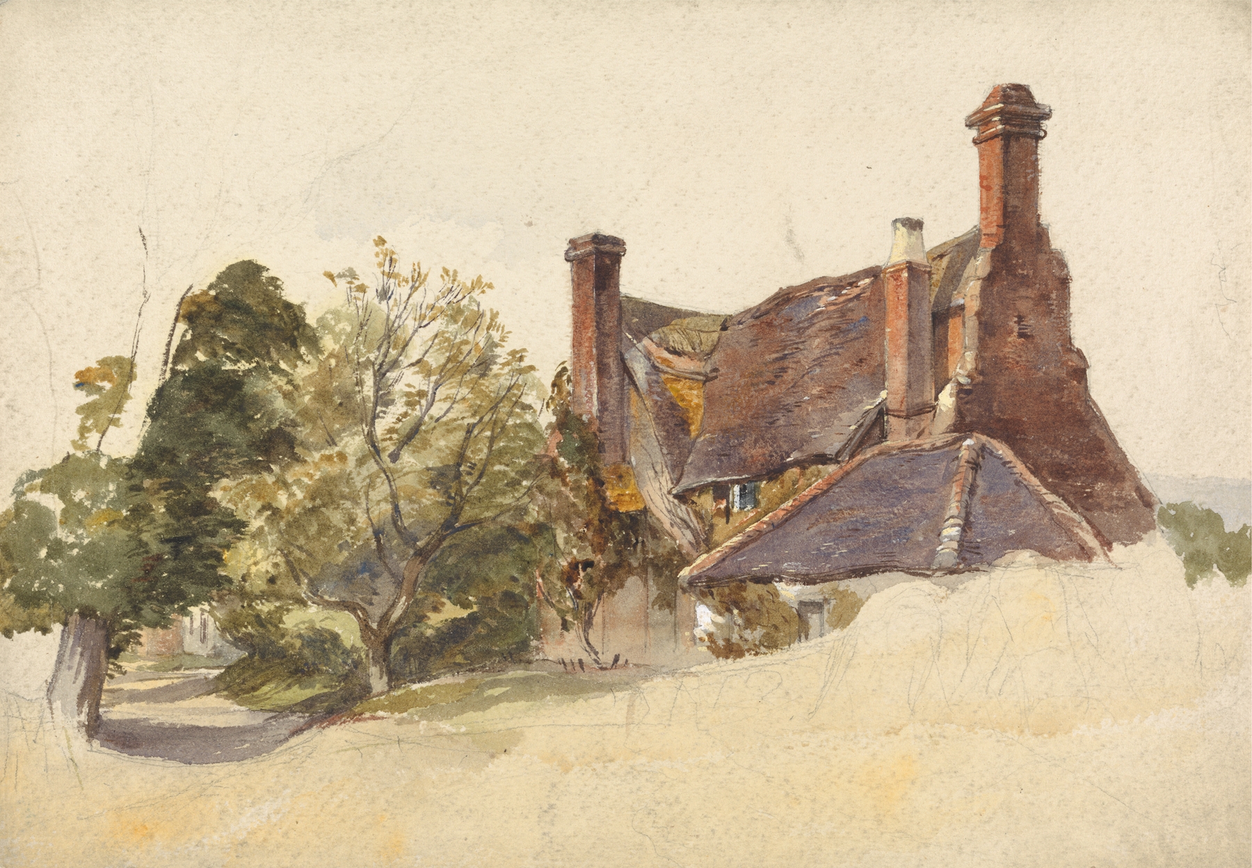 Study of a Cottage by William James Müller, oil on canvas, depicting a rustic cottage by a lane.