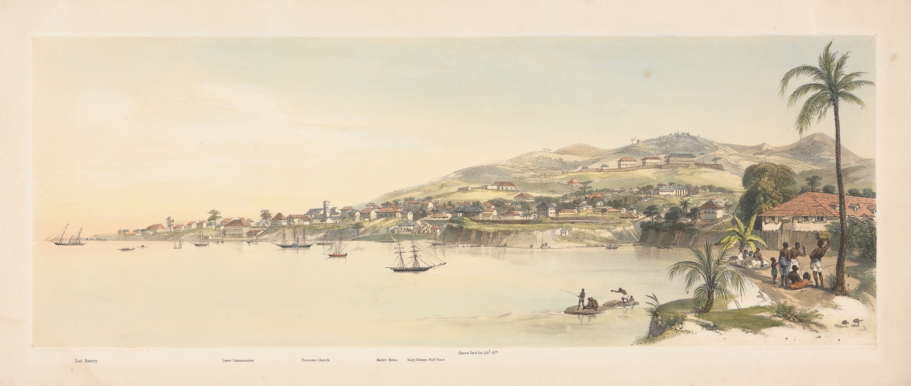 Romantic landscape depicting Freetown, Sierra Leone by Auguste François Laby, 1850