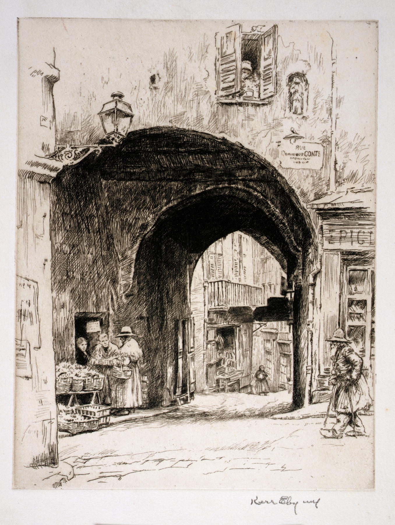 Rue Dominique Conte by Kerr Eby, impressionism, depicting urban life with figures and light.