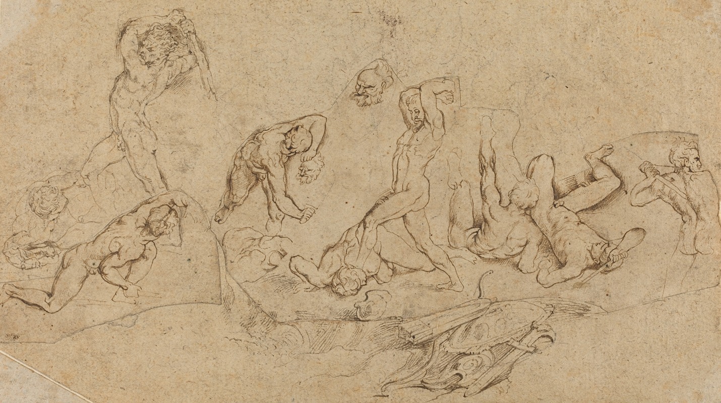 A dynamic scene of nude men engaged in battle, showcasing muscular forms and dramatic movement.