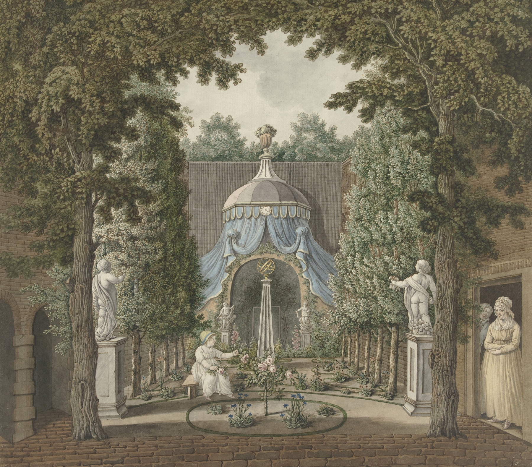 Theatre Scene in a City Garden by Barend Hendrik Thier, Rococo, depicting actors and audience in candlelight.