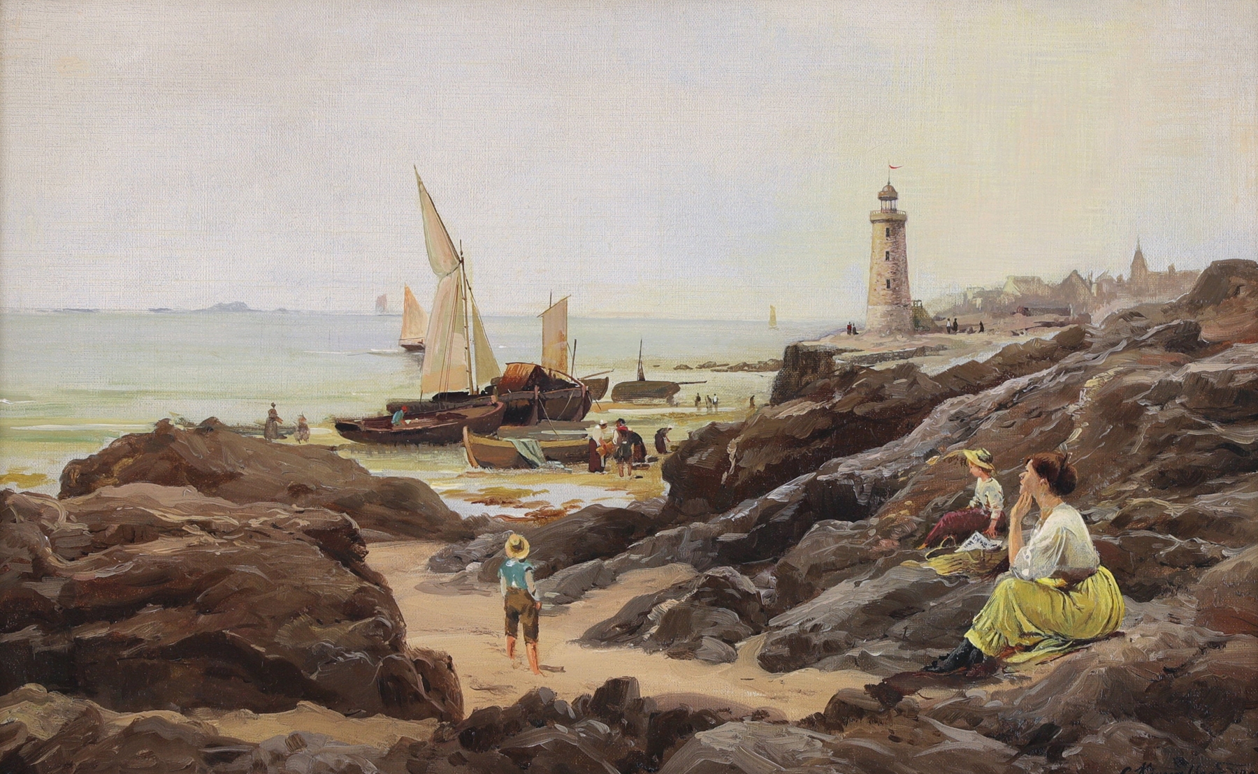 Fisherfolk on the Coast by Charles Euphrasie Kuwasseg, oil on canvas depicting fishermen by the ocean