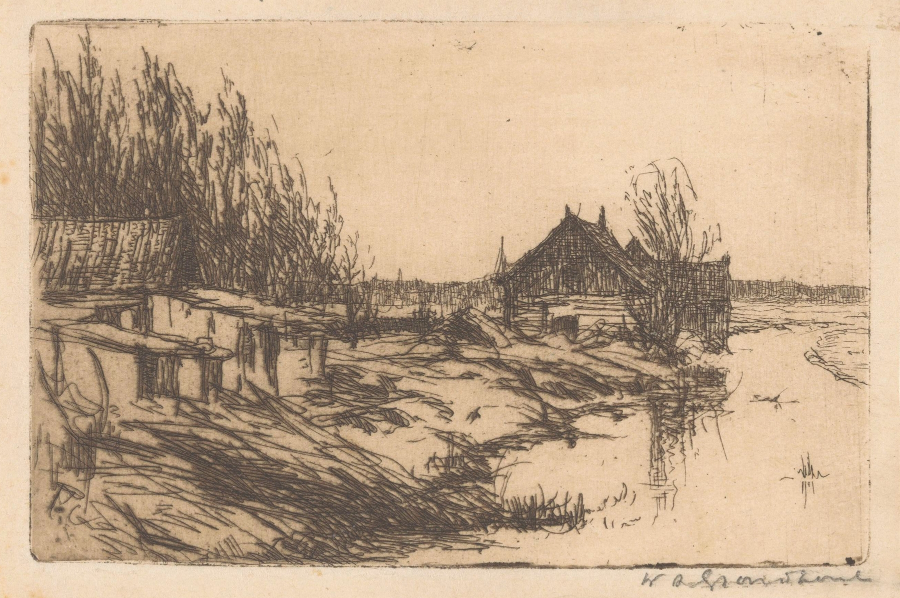 Landscape oil painting by Willem Adrianus Grondhout featuring a barn by a river at sunset