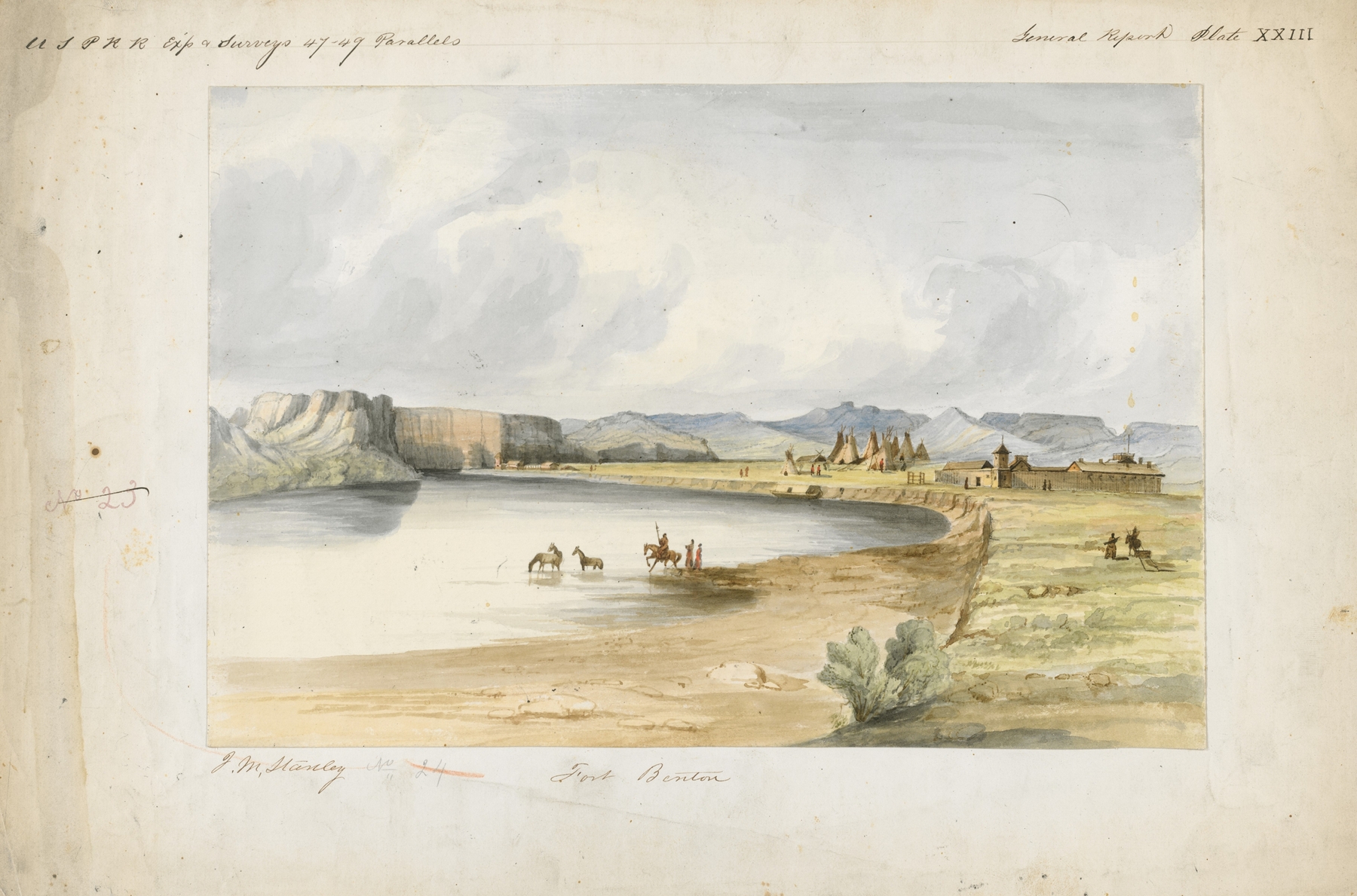 Fort Benton by John Mix Stanley, oil on canvas depicting a landscape with a fort and river.