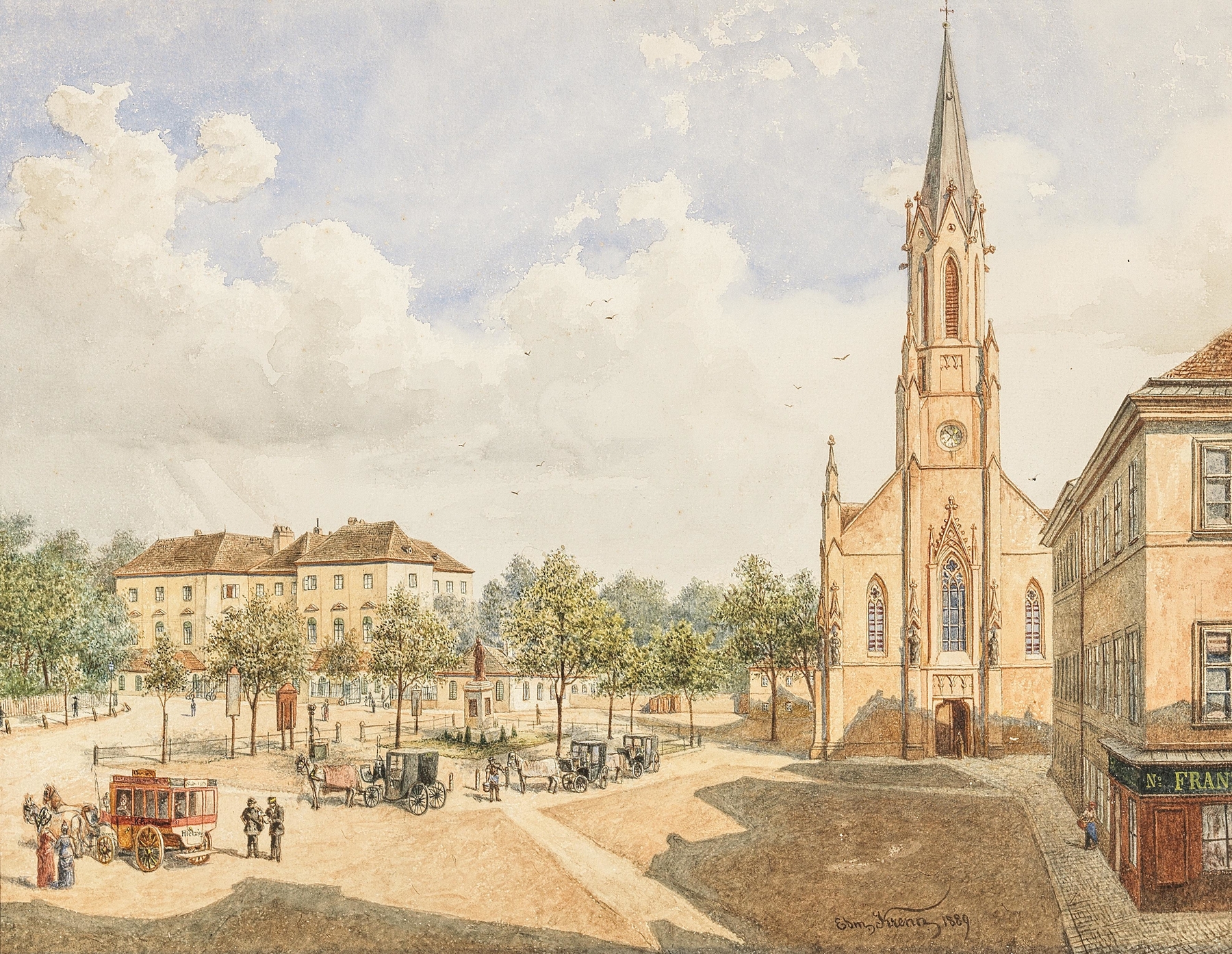 Pfarrkirche Hietzing by Edmund Krenn, oil on canvas, depicts a church surrounded by nature.