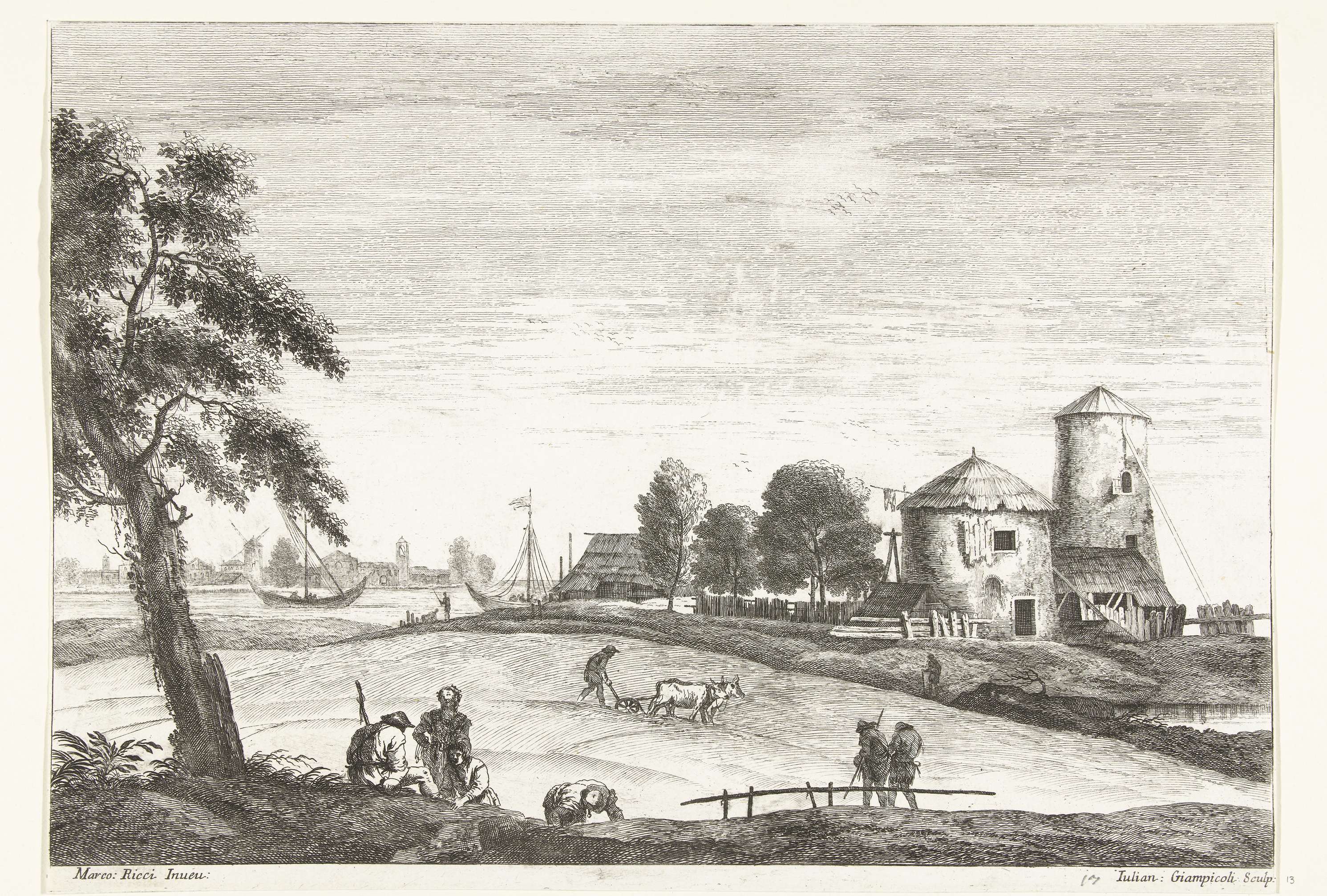 Landscape with a plowing farmer at sunset, etching by Giuliano Giampiccoli