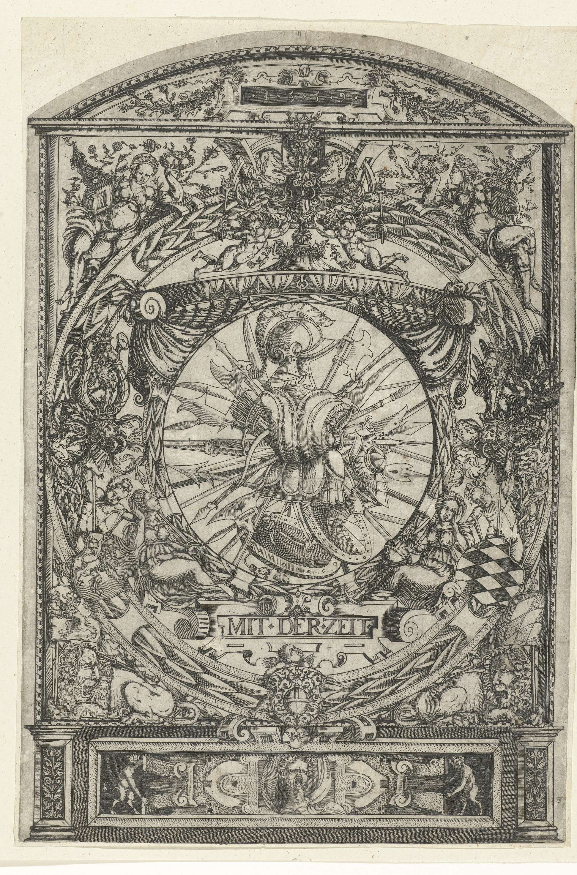 Engraving by Hieronymus Wechinger featuring a trophy in an ornamental frame.