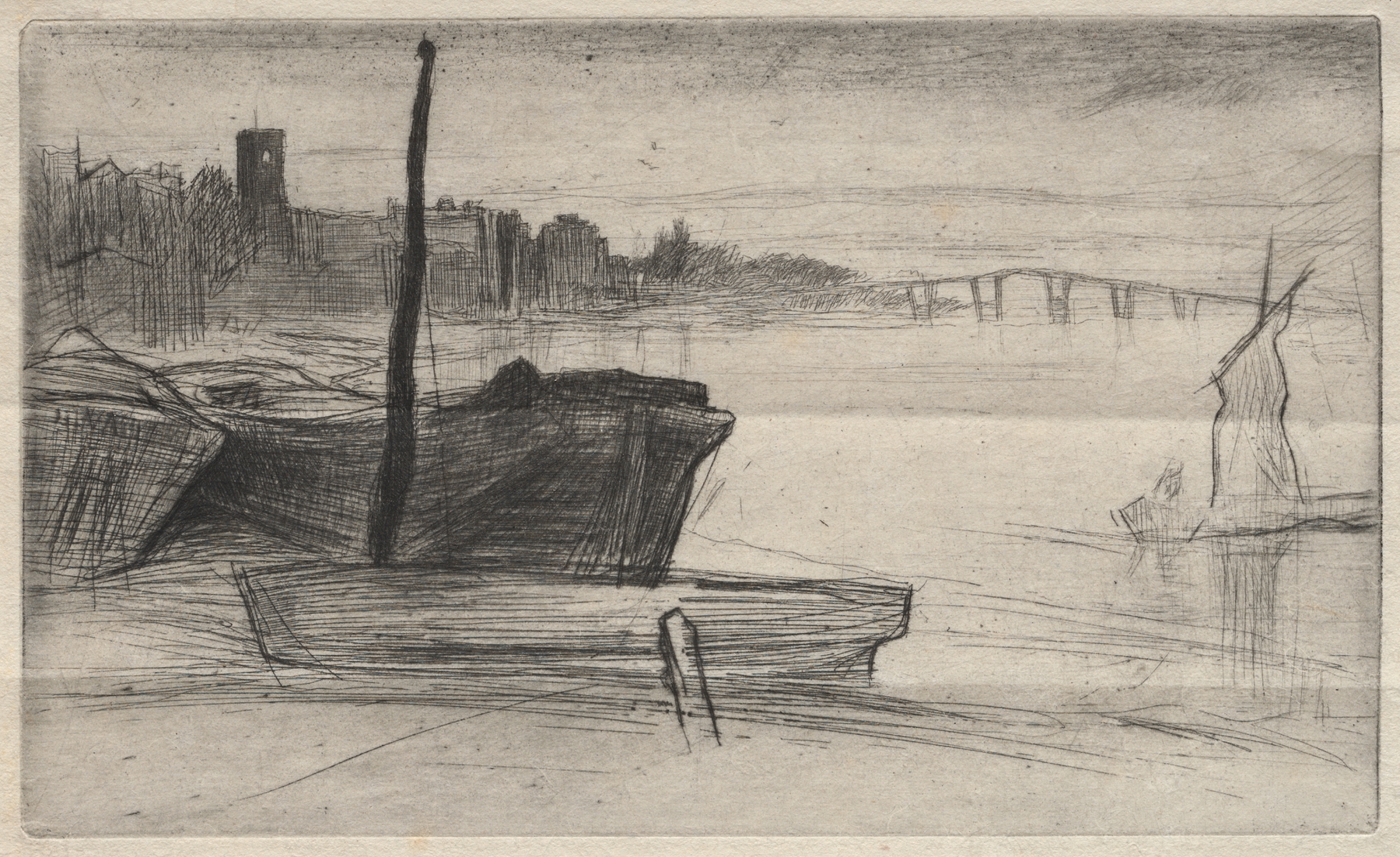 Chelsea Bridge and Church by James Abbott McNeill Whistler, oil on canvas depicting a twilight landscape