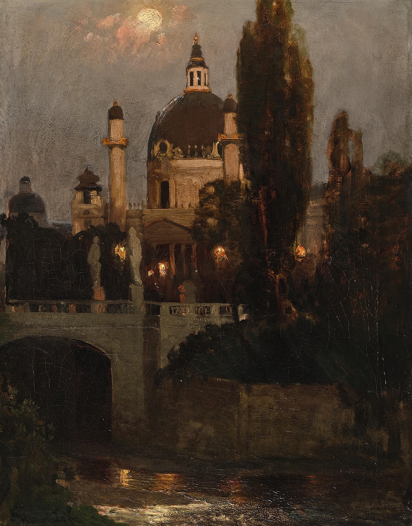 Church of St. Charles with Elisabeth Bridge at night, oil painting by Anton Hlavacek