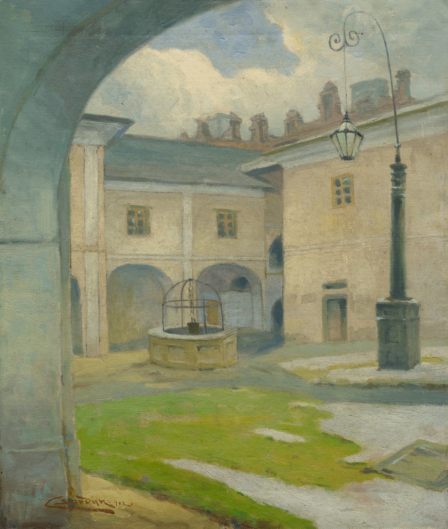 Courtyard scene with stone walls and archway, oil on canvas by Ľudovít Čordák
