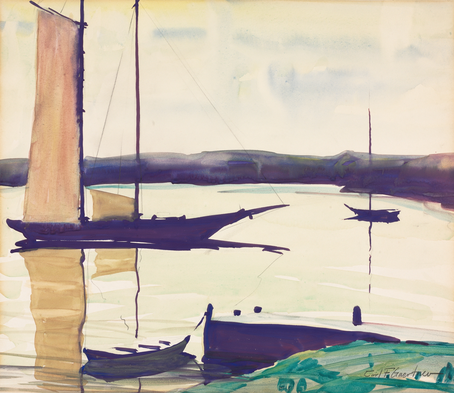 Marine scene with boats resting on water, oil on canvas by Carl Gaertner
