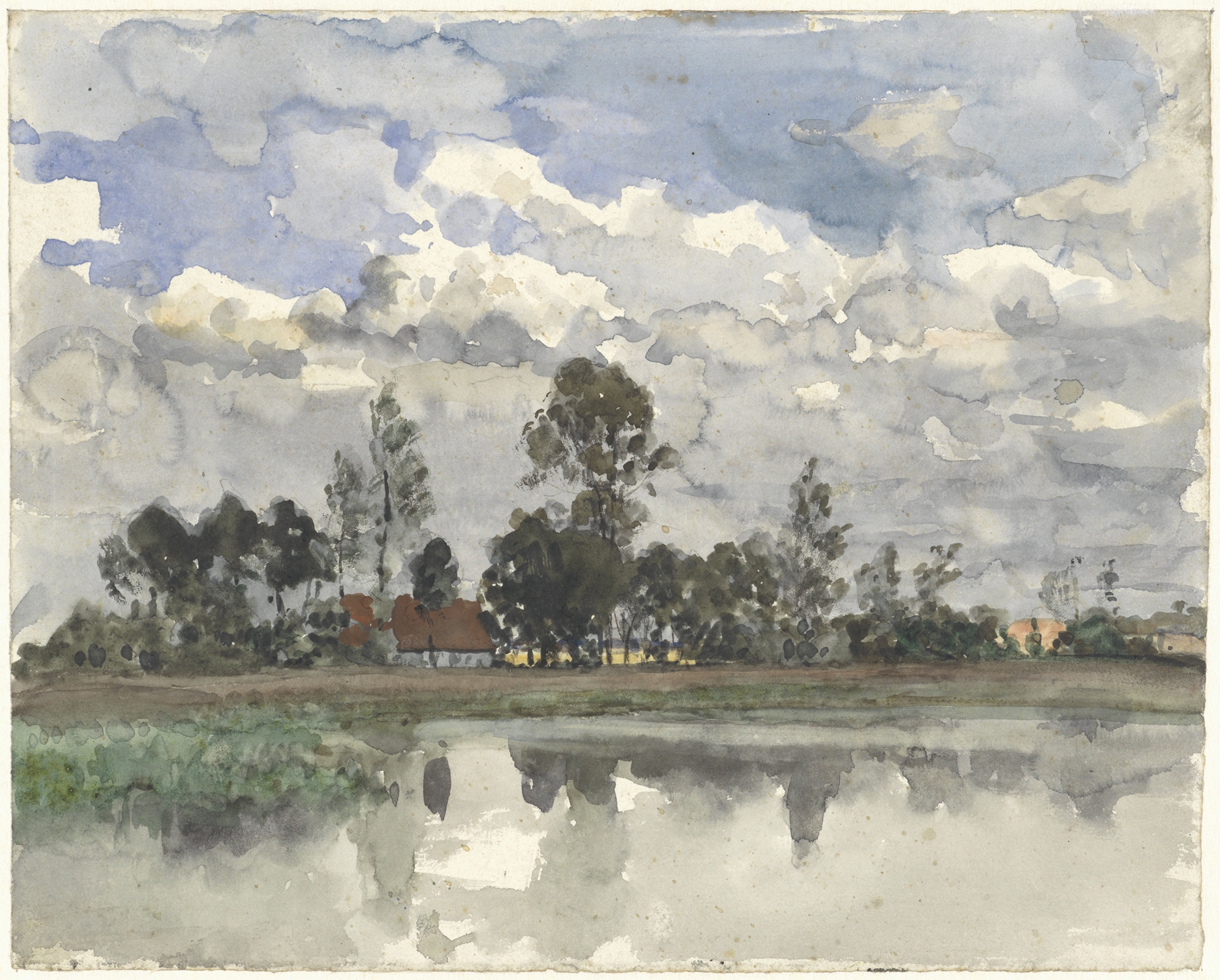 Landscape with trees reflecting in water, oil painting by Julius Jacobus van de Sande Bakhuyzen