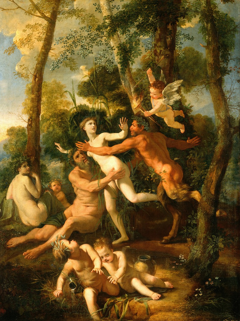 A depiction of the mythological story of Pan and Syrinx by Nicolas Poussin.