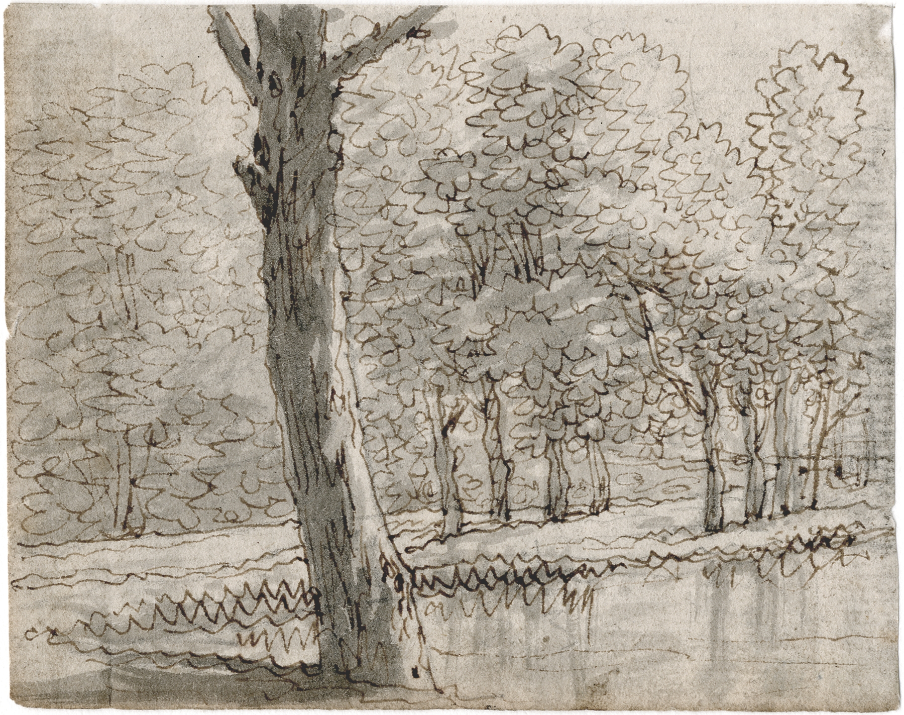 Landscape with trees and dappled sunlight by Barend Hendrik Thier