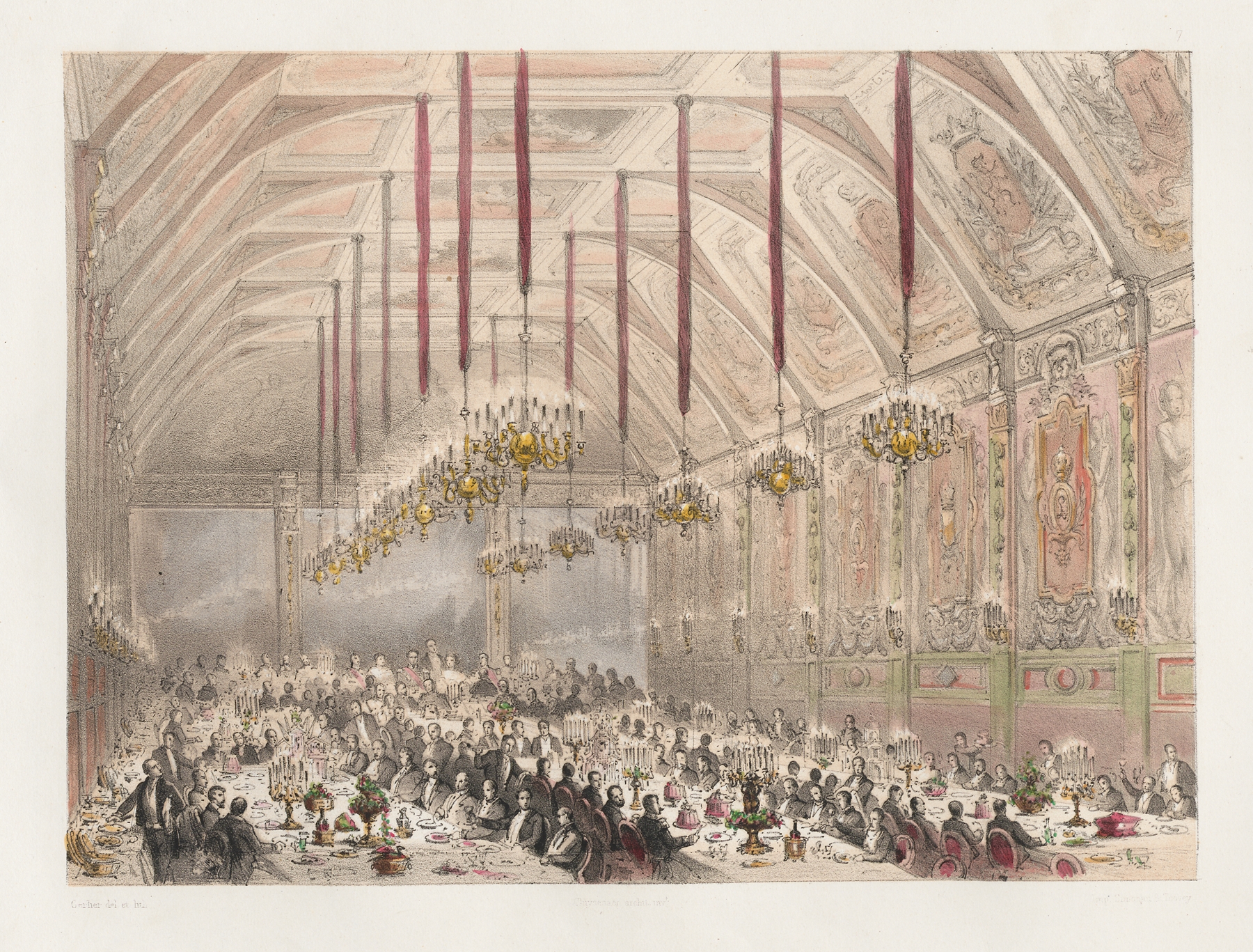 Interior scene of a banquet hall by Jules Helbig, 1856, featuring a lavish table setting.