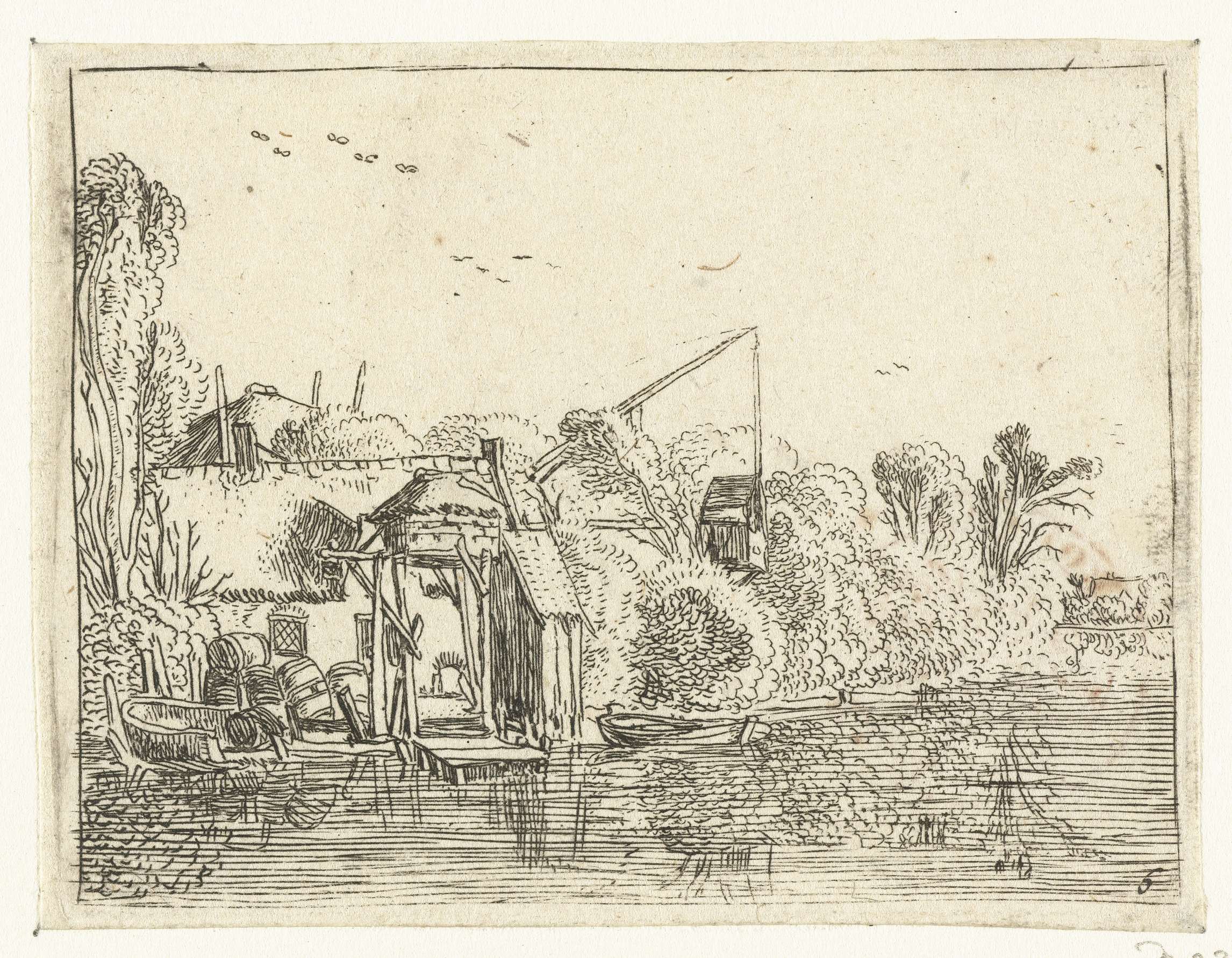 Brouwerij aan de oever van een rivier, etching by Esaias van de Velde
