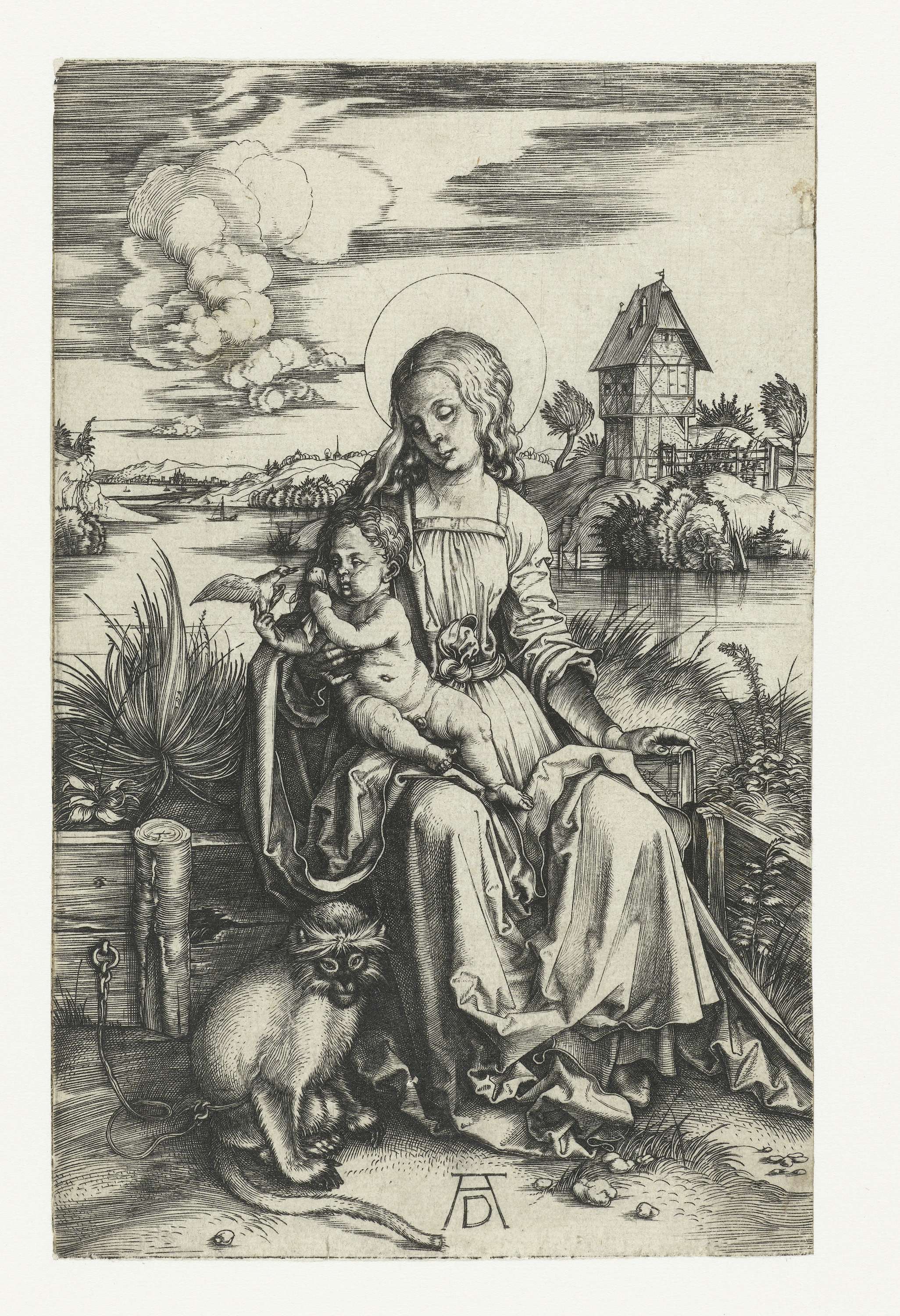 Engraving by Albrecht Dürer depicting Mary with child and monkey, showcasing light and garment details.