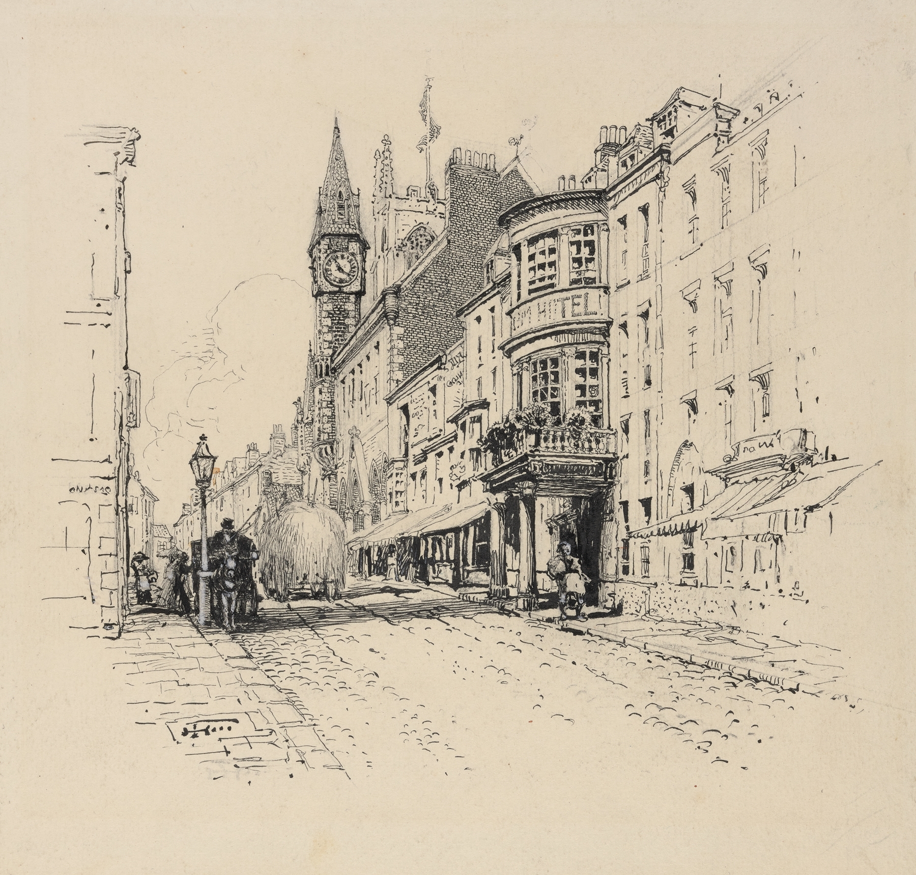 Genre scene with figures and light in watercolor by Harry Fenn