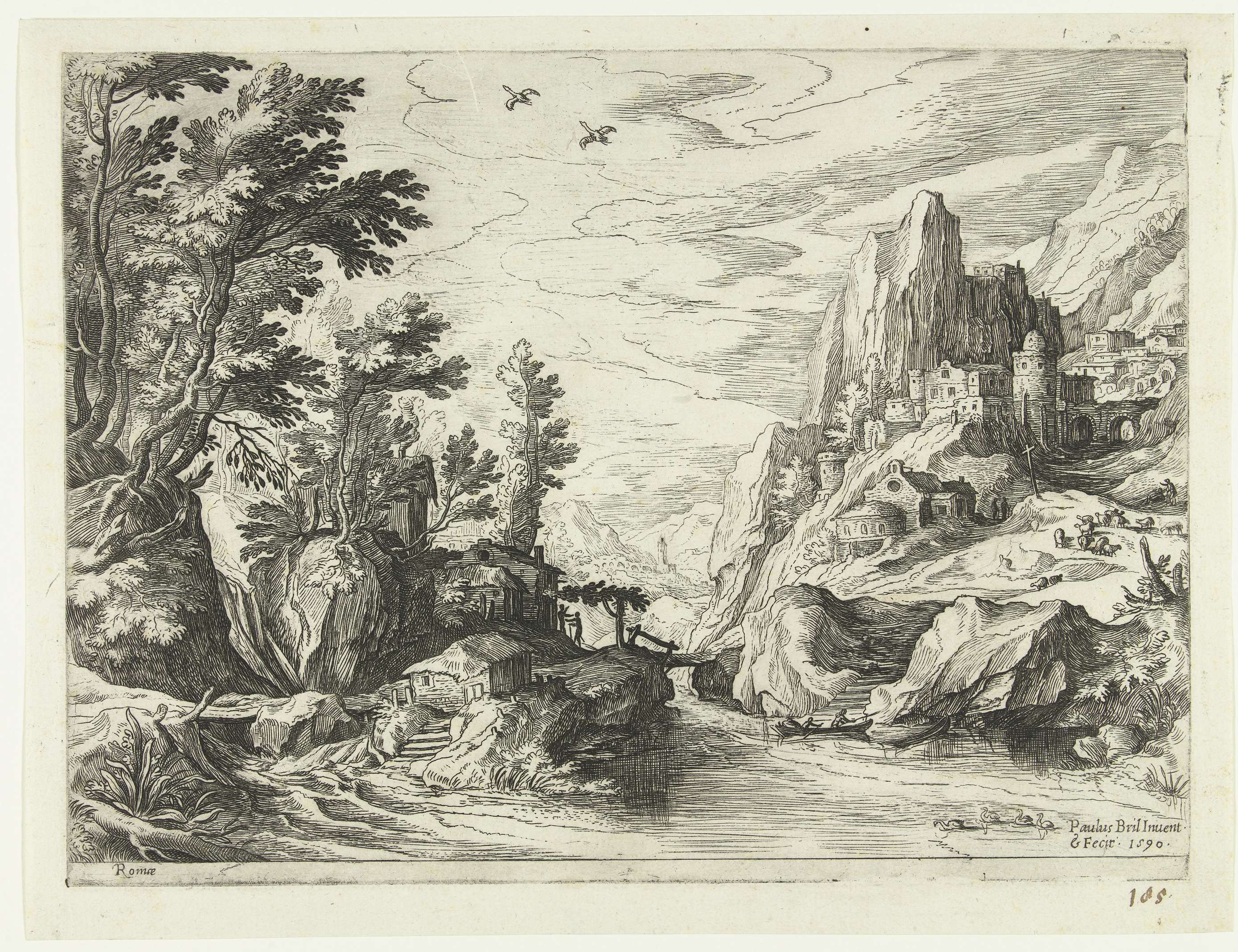 Rivierlandschap in Campania met stad op rotsen, by Paul Bril, public domain