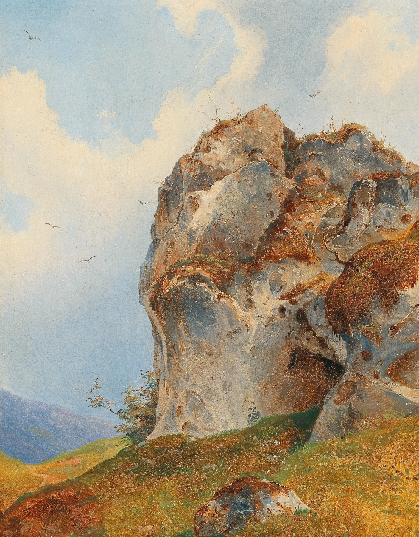 Landscape oil painting by Franz Steinfeld depicting rolling hills and a serene sky.