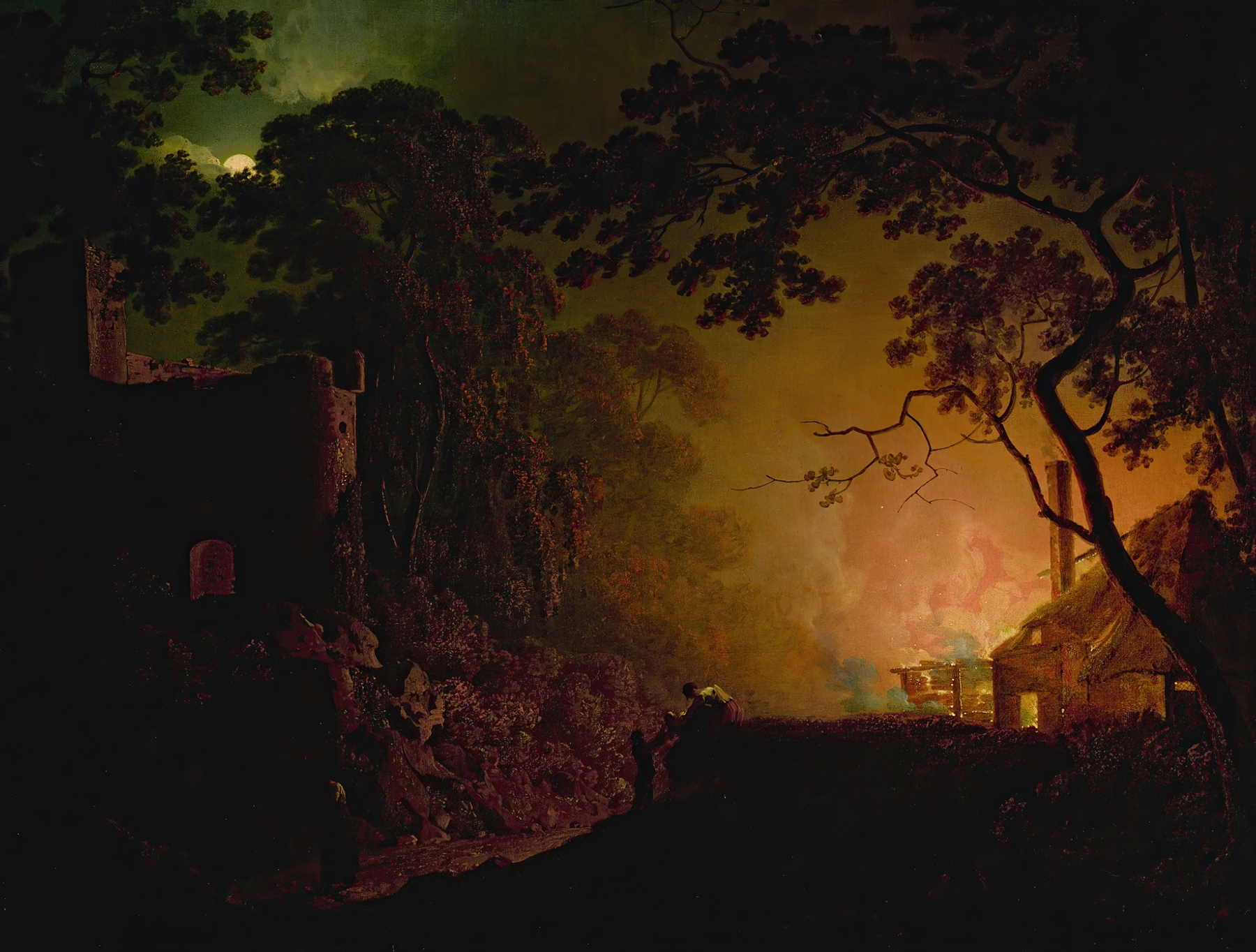 A cottage on fire at night, by Joseph Wright of Derby, public domain