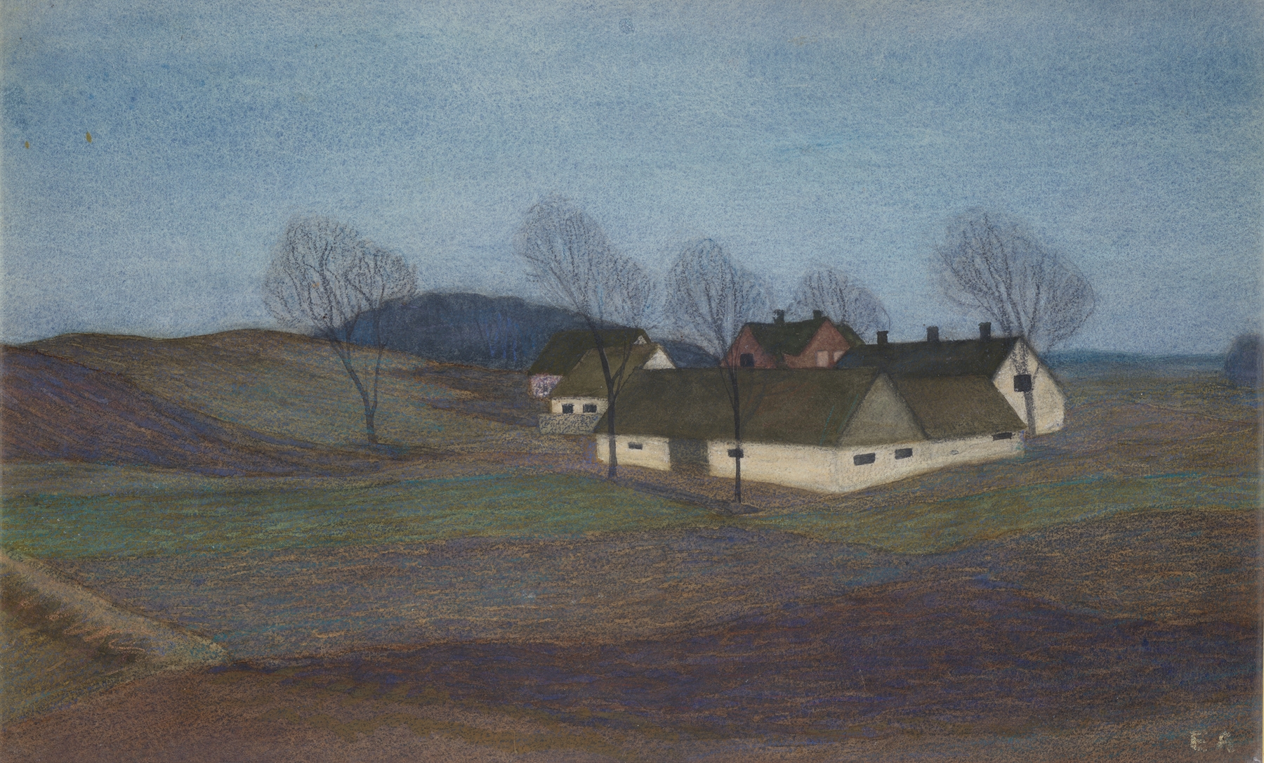 A Farm House in Själland by Ester Almqvist, oil on canvas depicting a farmhouse in a lush landscape.