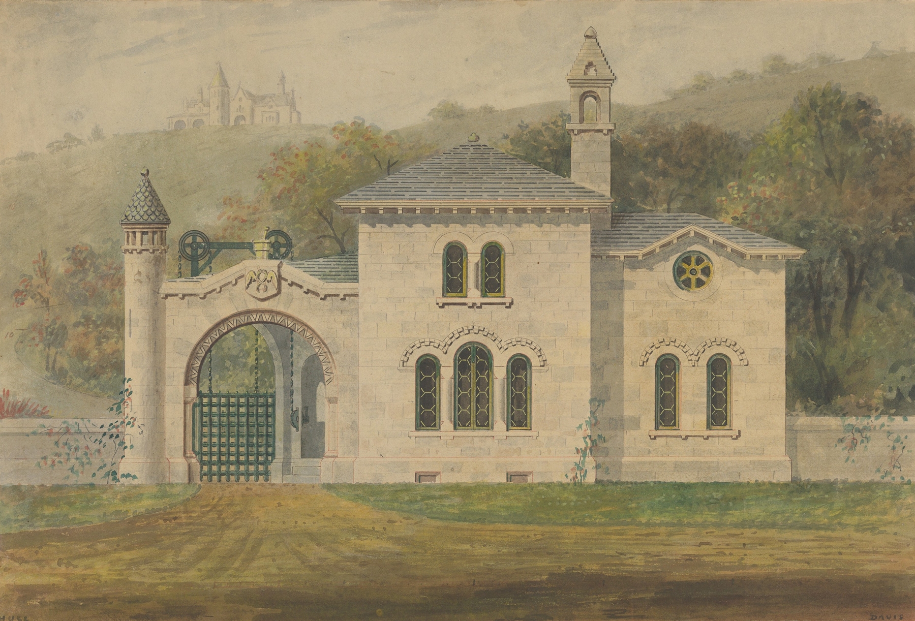 Gate Lodge for Amos G. Hull, Newburgh, New York (front elevation), by Alexander Jackson Davis, public domain