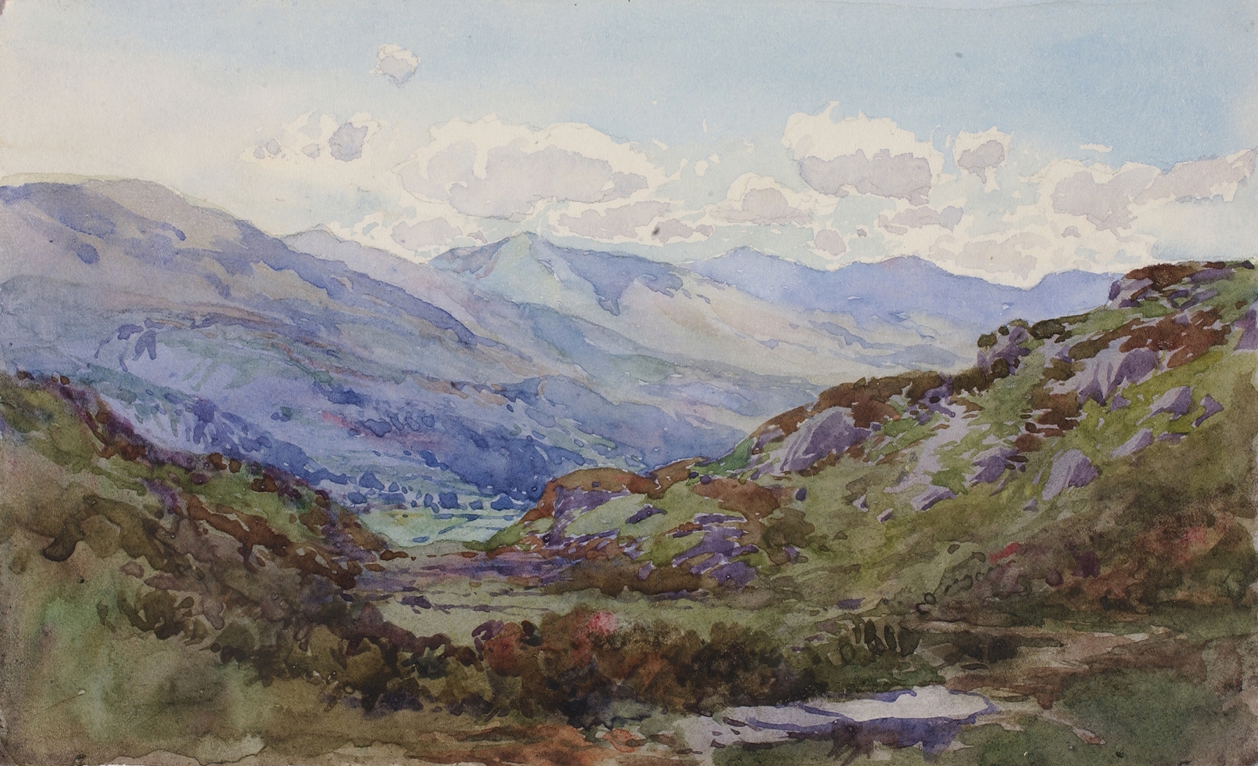 Landscape oil painting by George Elbert Burr featuring rolling hills and sunlight.