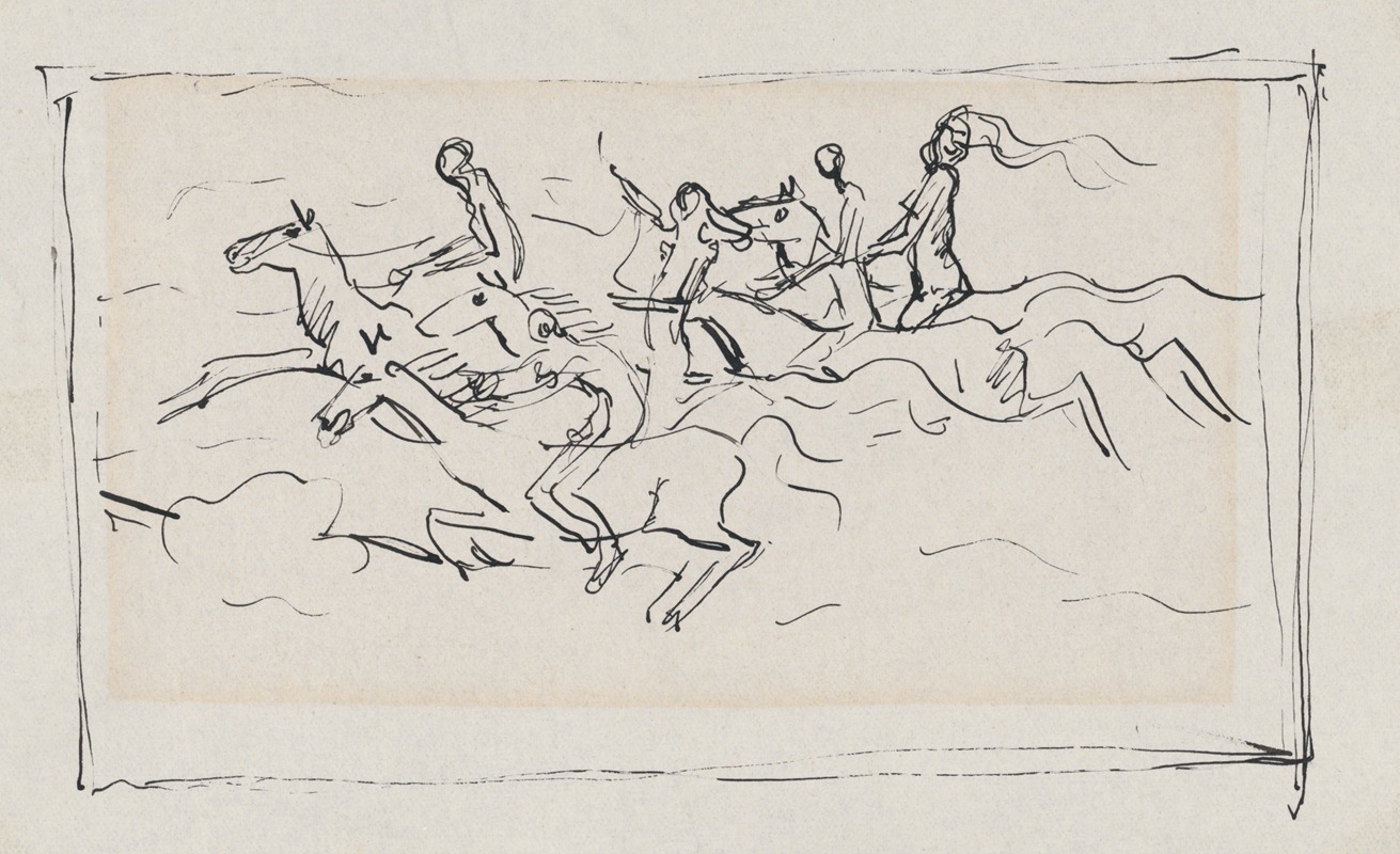 A painting depicting riders on horseback in a natural setting.