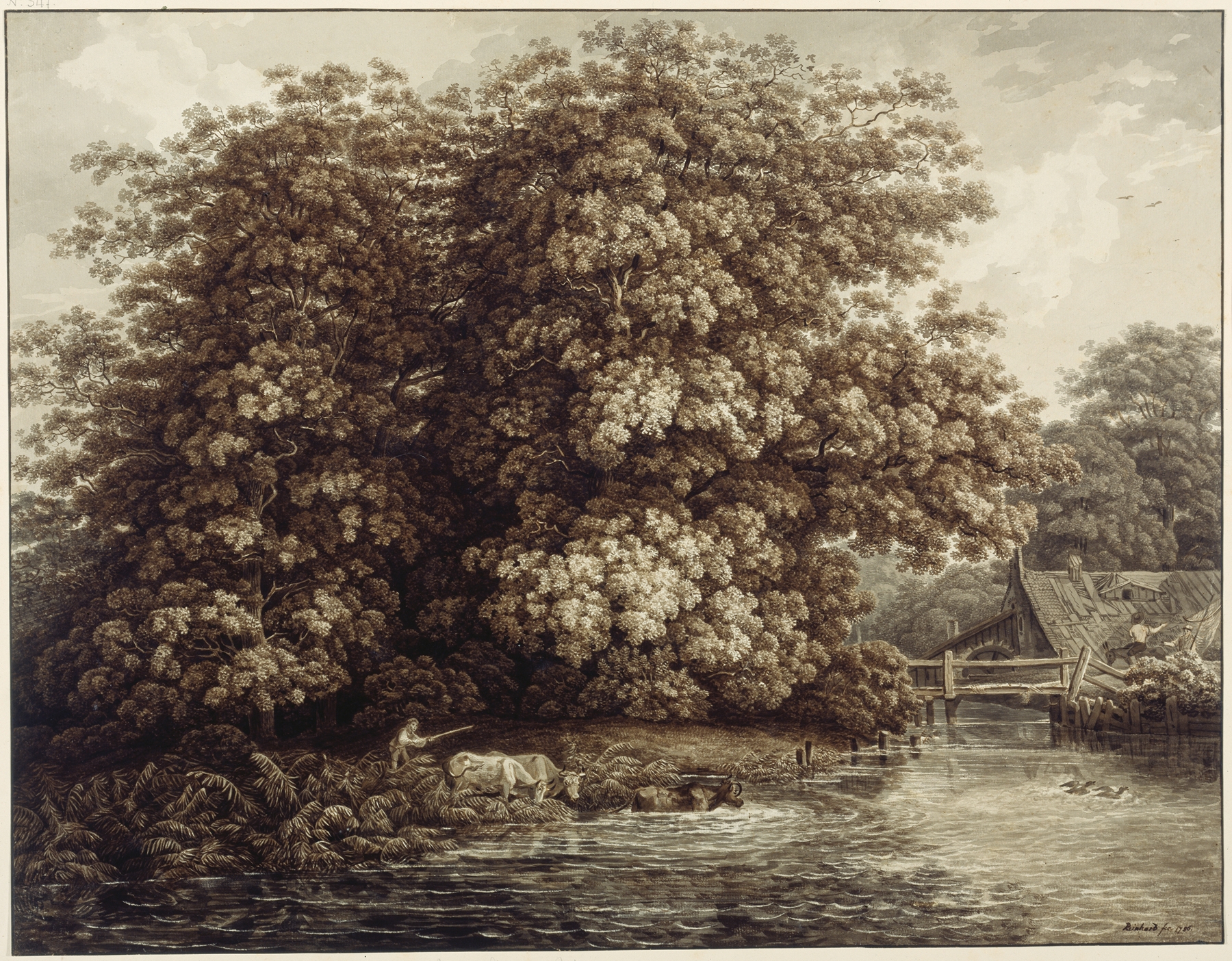 Landscape with a mill and oaks by Johann Christian Reinhart, oil painting
