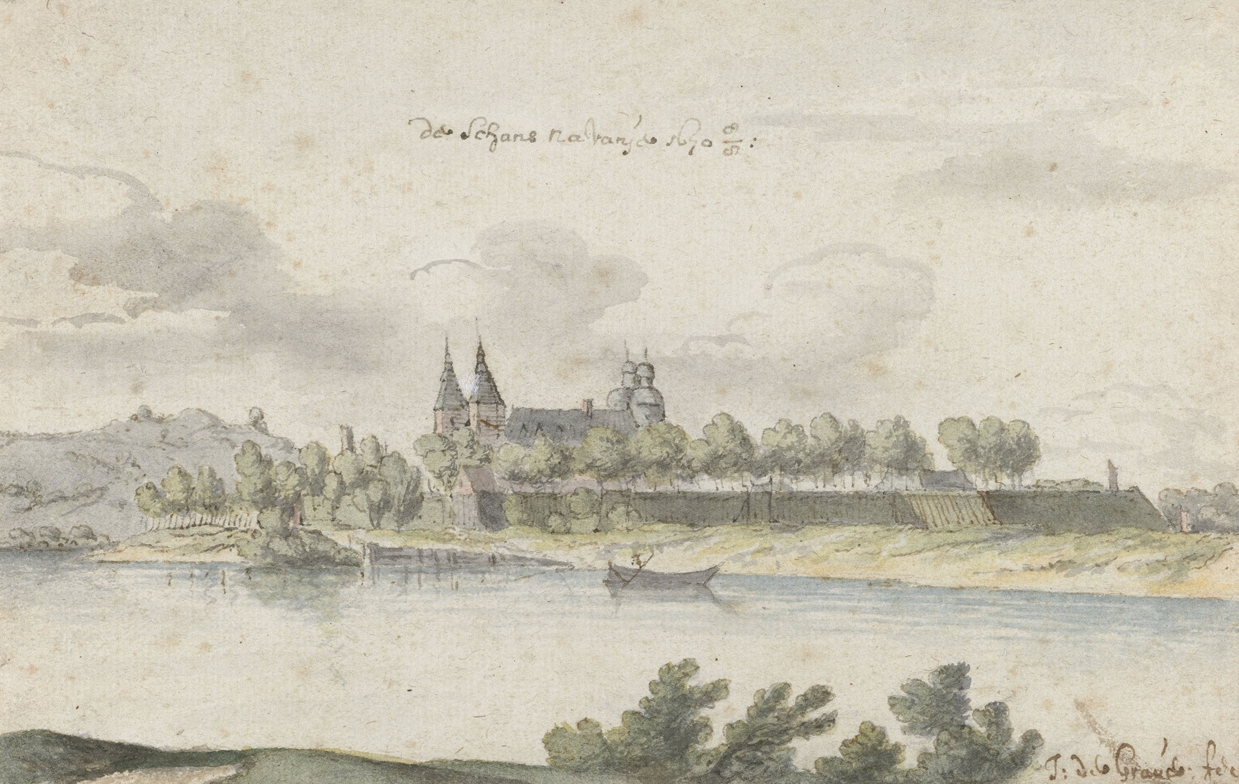 Oil painting by Josua de Grave depicting Fort Navagne with lush greenery and clouds.