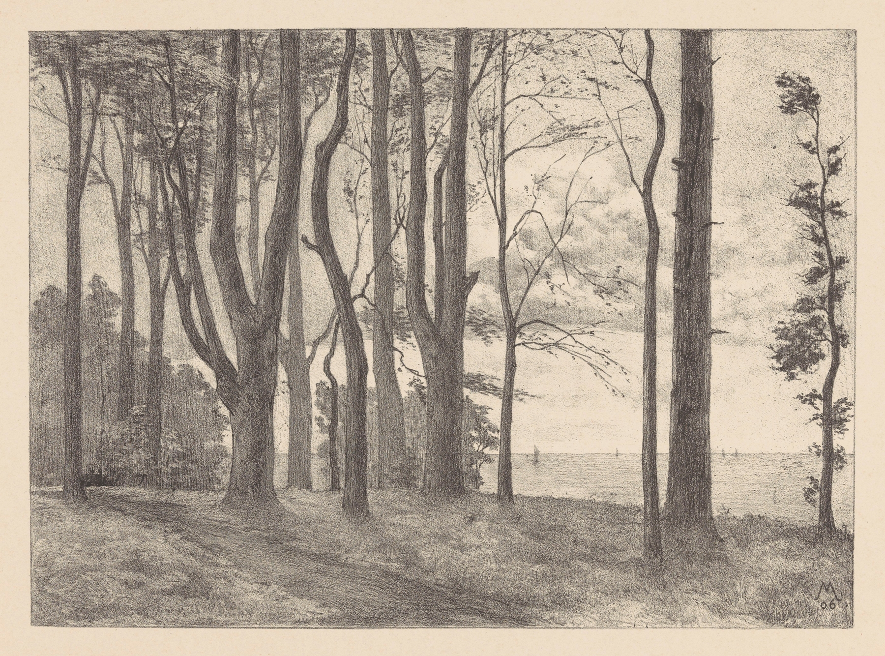 Bomen aan water met zeilboten Valkeveen, by Simon Moulijn, public domain