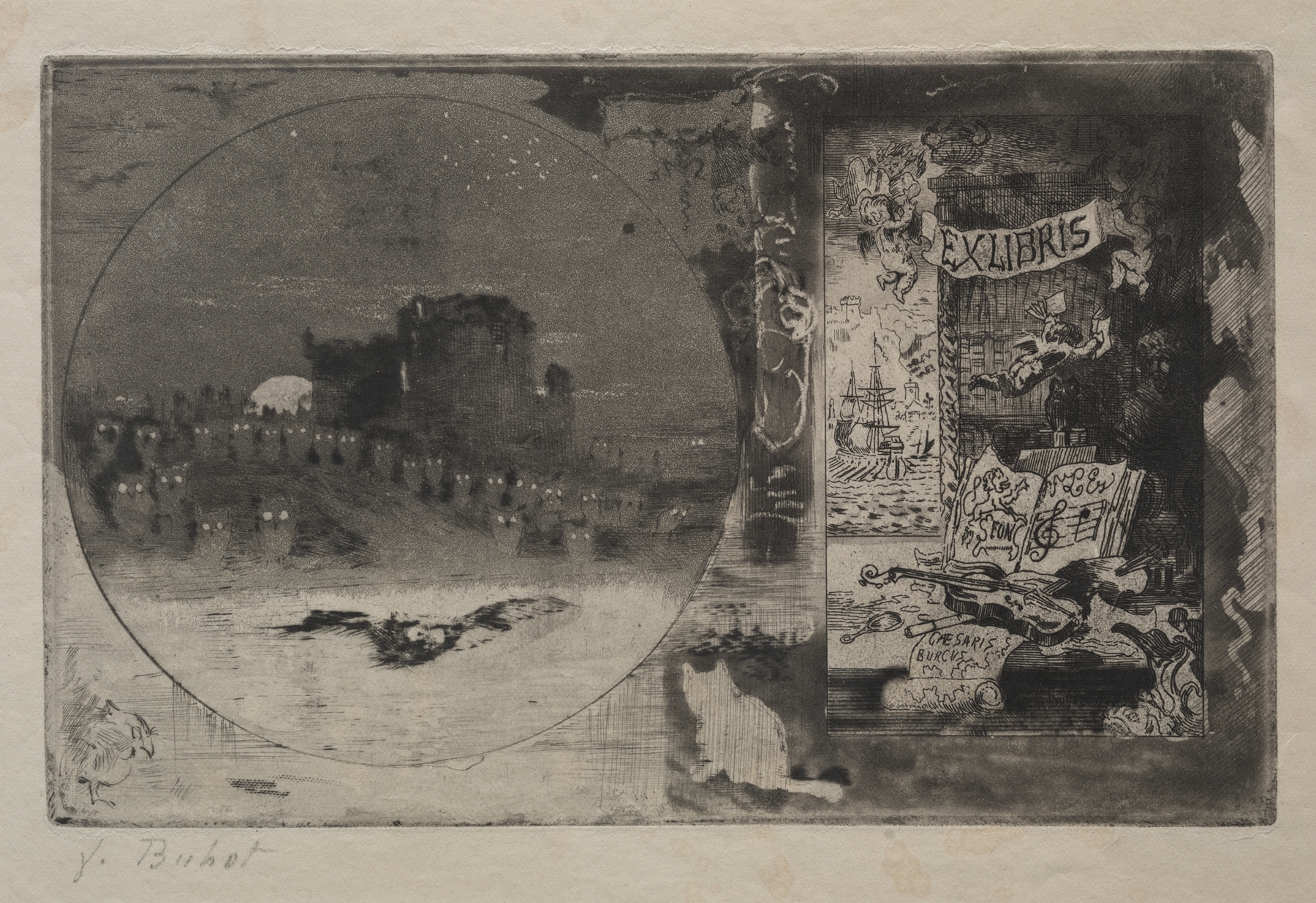 Etching by Félix Hilaire Buhot depicting a castle under a violet sky.