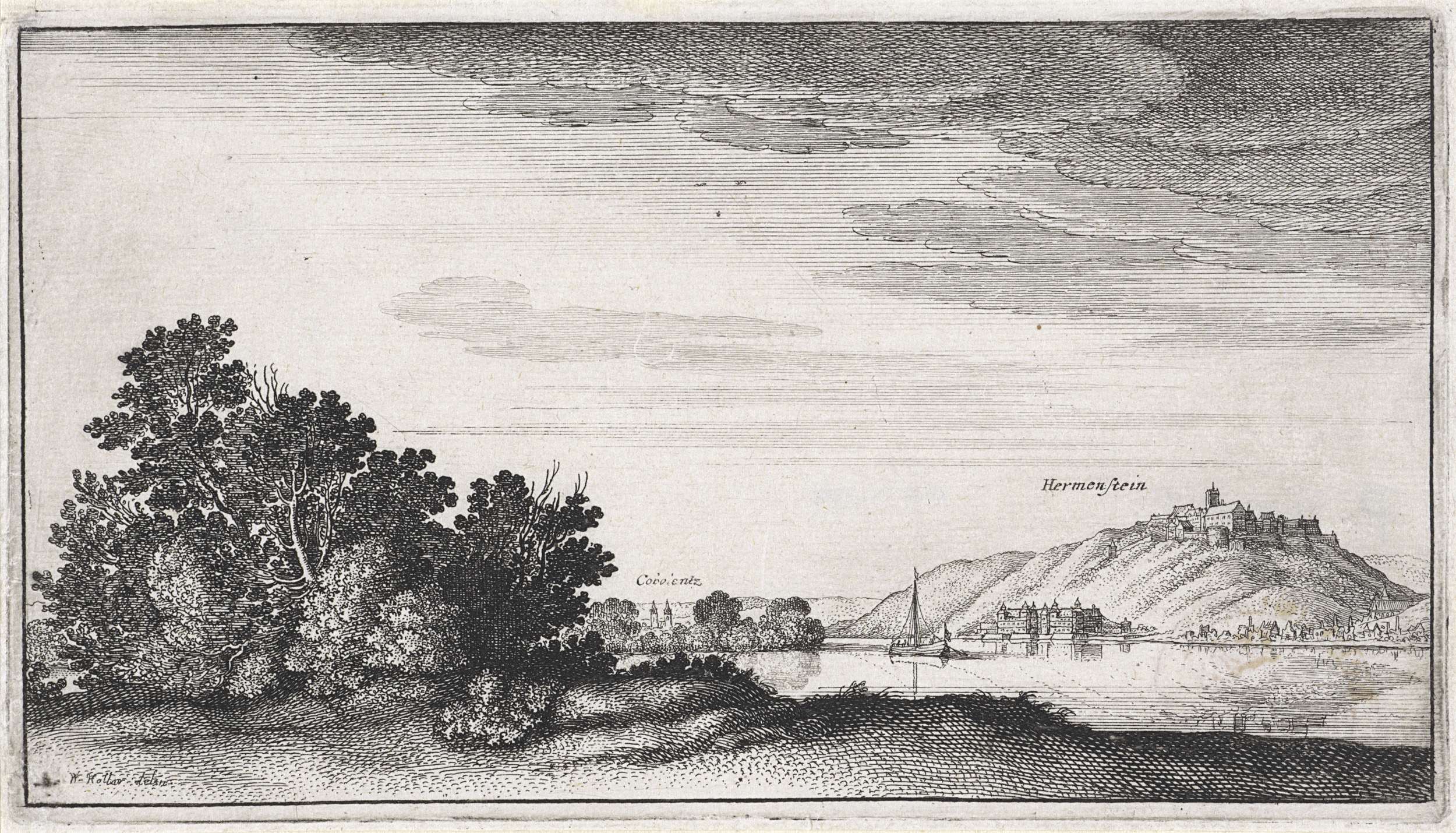 Landschap met gezicht op Koblenz en Ehrenbreitstein, etching by Wenceslaus Hollar