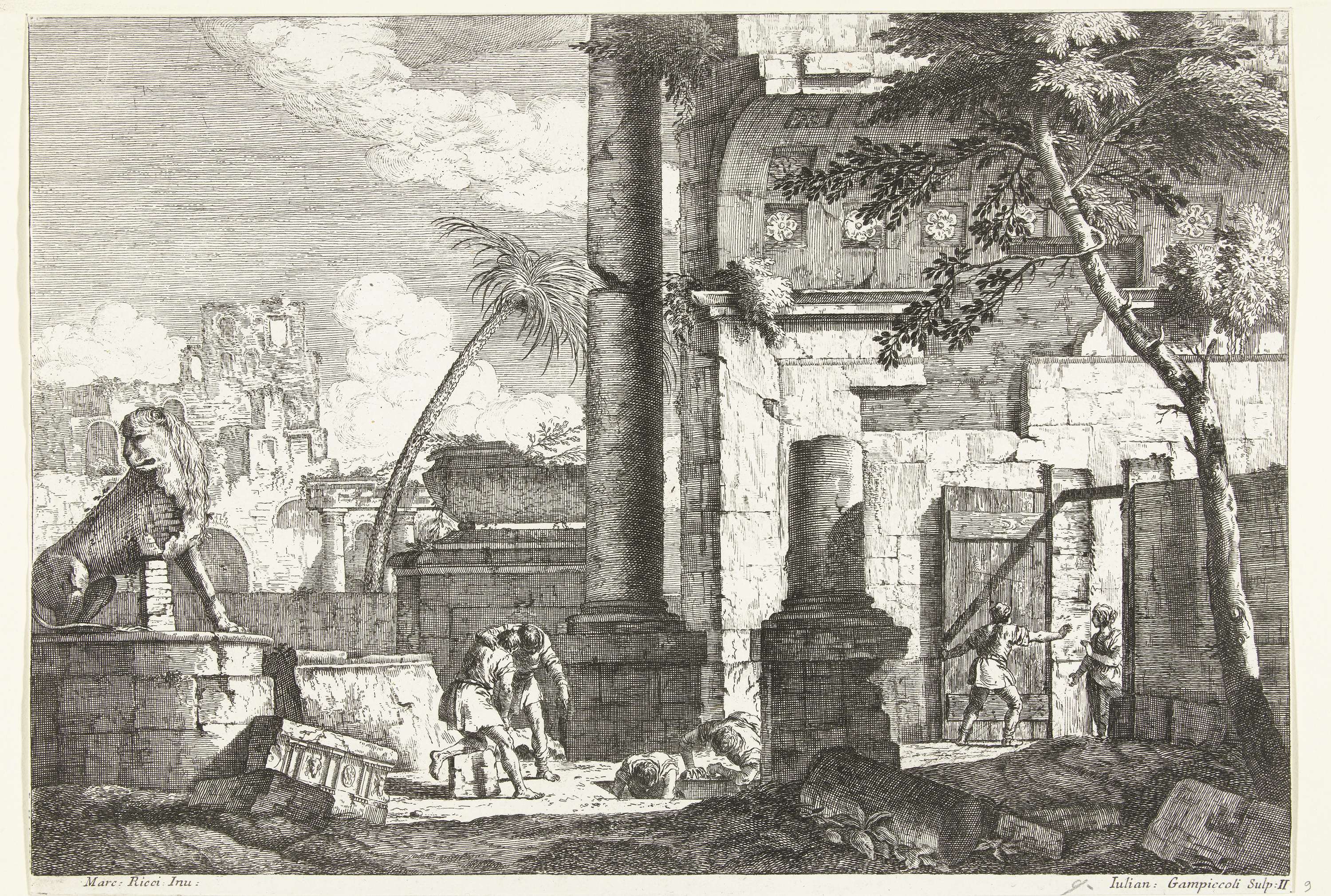 Etching by Giuliano Giampiccoli depicting ancient ruins with palm trees