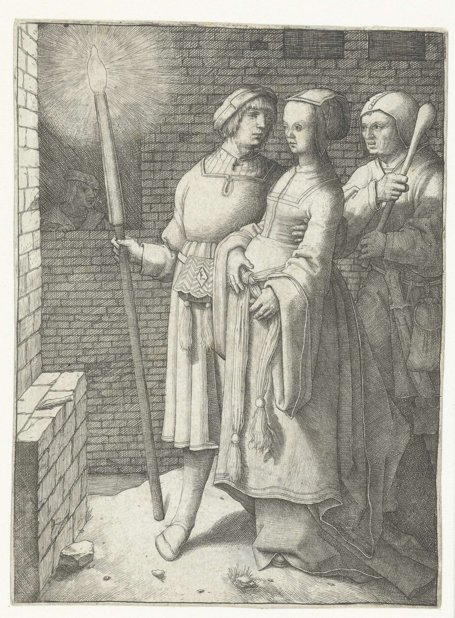 Engraving by Lucas van Leyden showing a young man with a torch, a woman in contemplation, and a jester