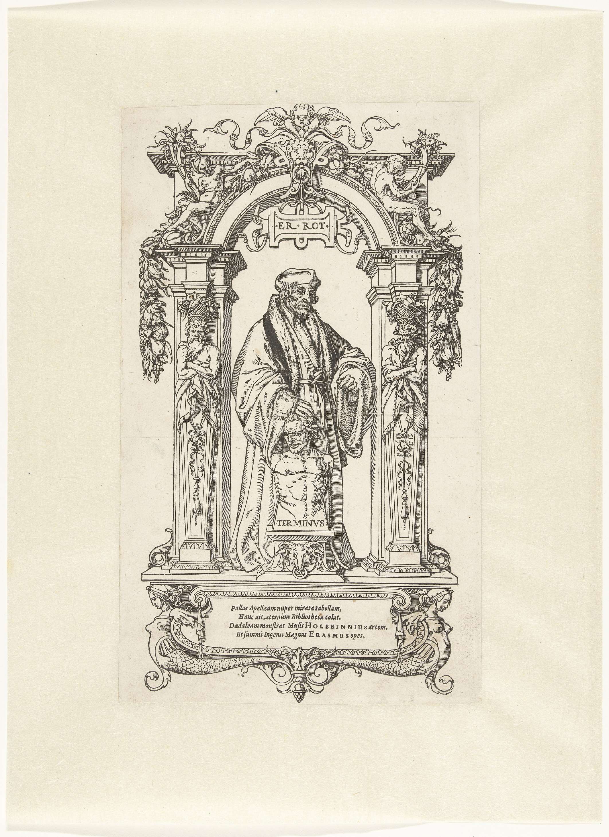 Portrait of Erasmus standing under an arch with a statue of Terminus, paper by Hans Holbein.