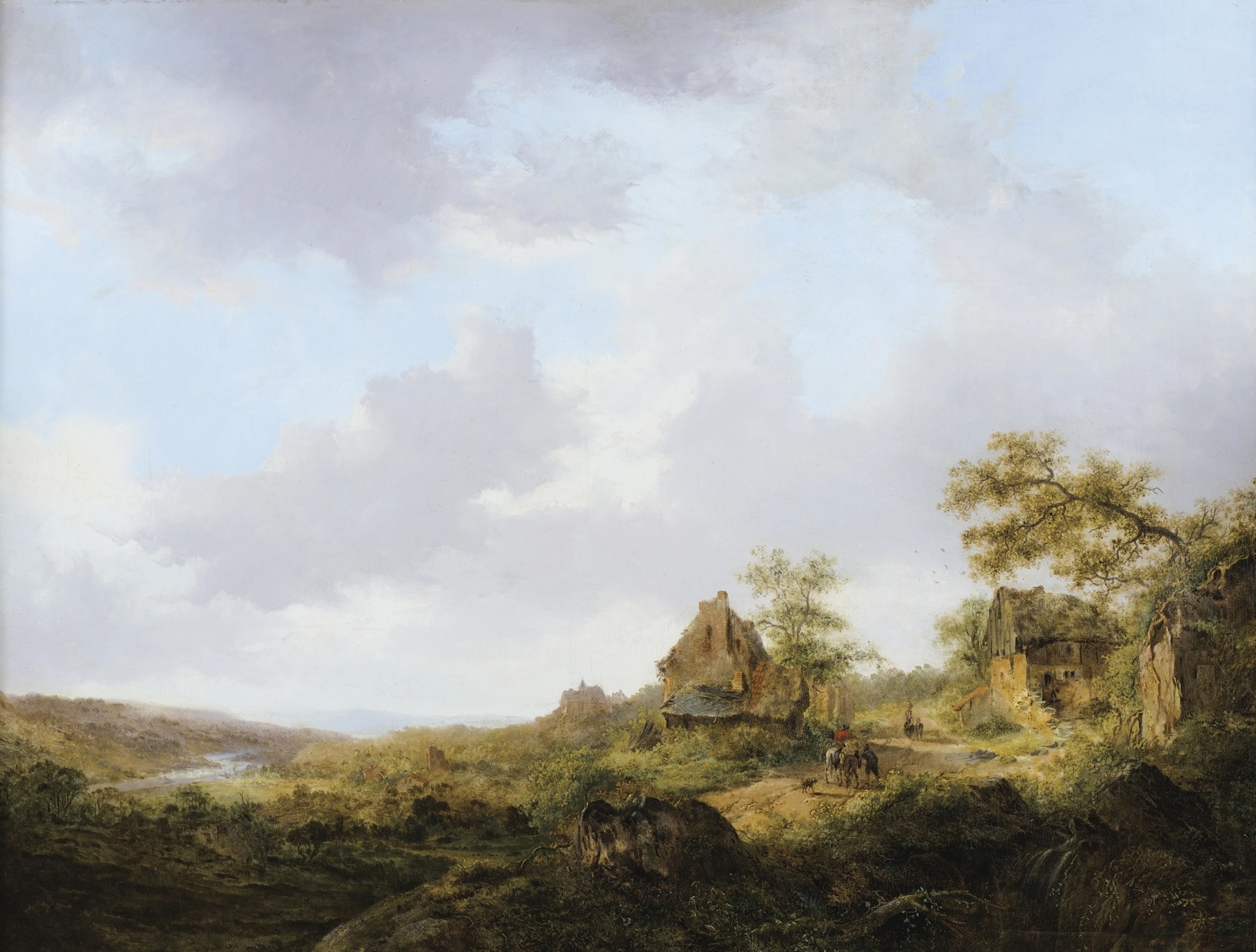 Genre scene depicting figures on a winding path in a countryside setting by Frederik Marinus Kruseman.