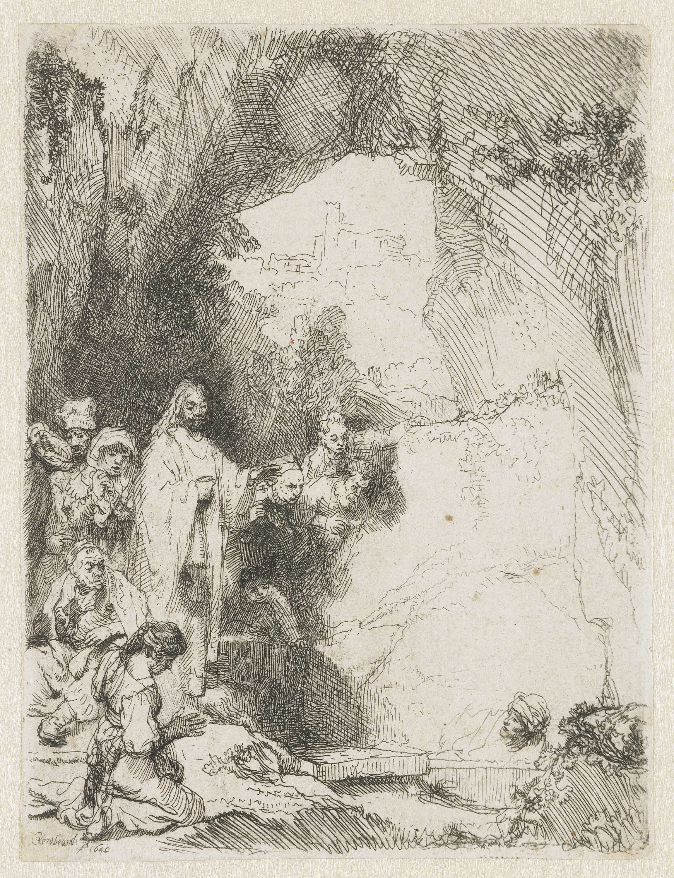 The raising of Lazarus: small plate, by Rembrandt van Rijn, public domain