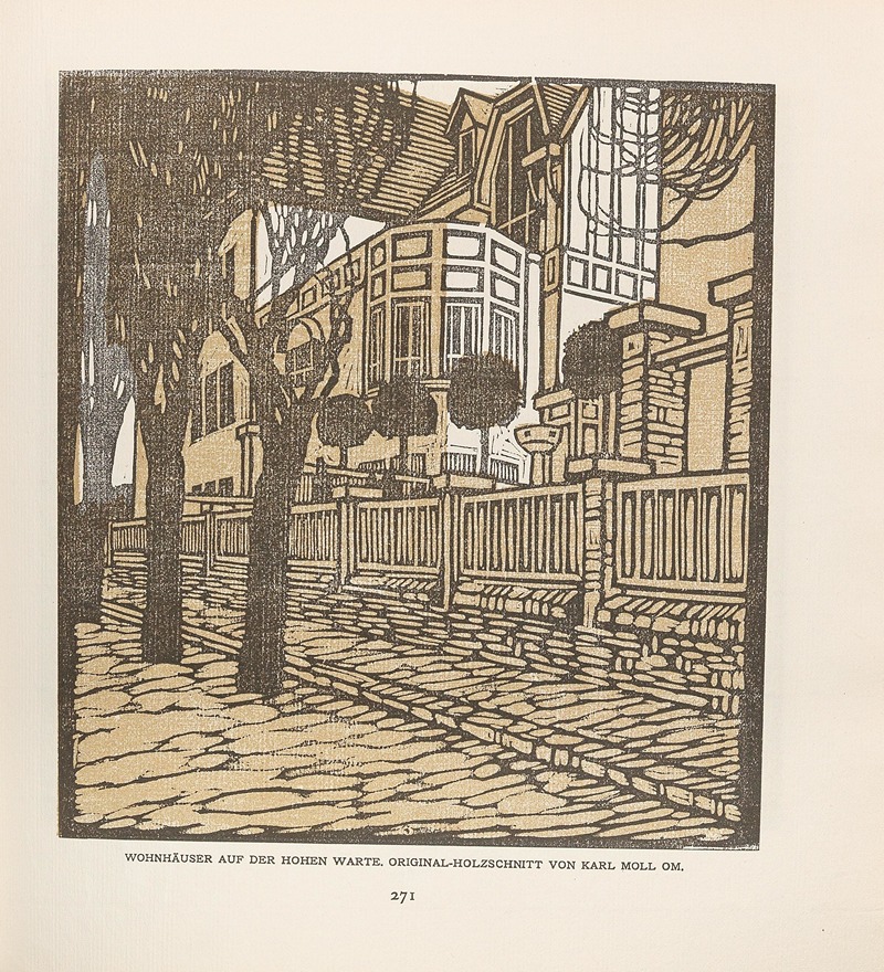 A painting depicting residential buildings in a natural setting.